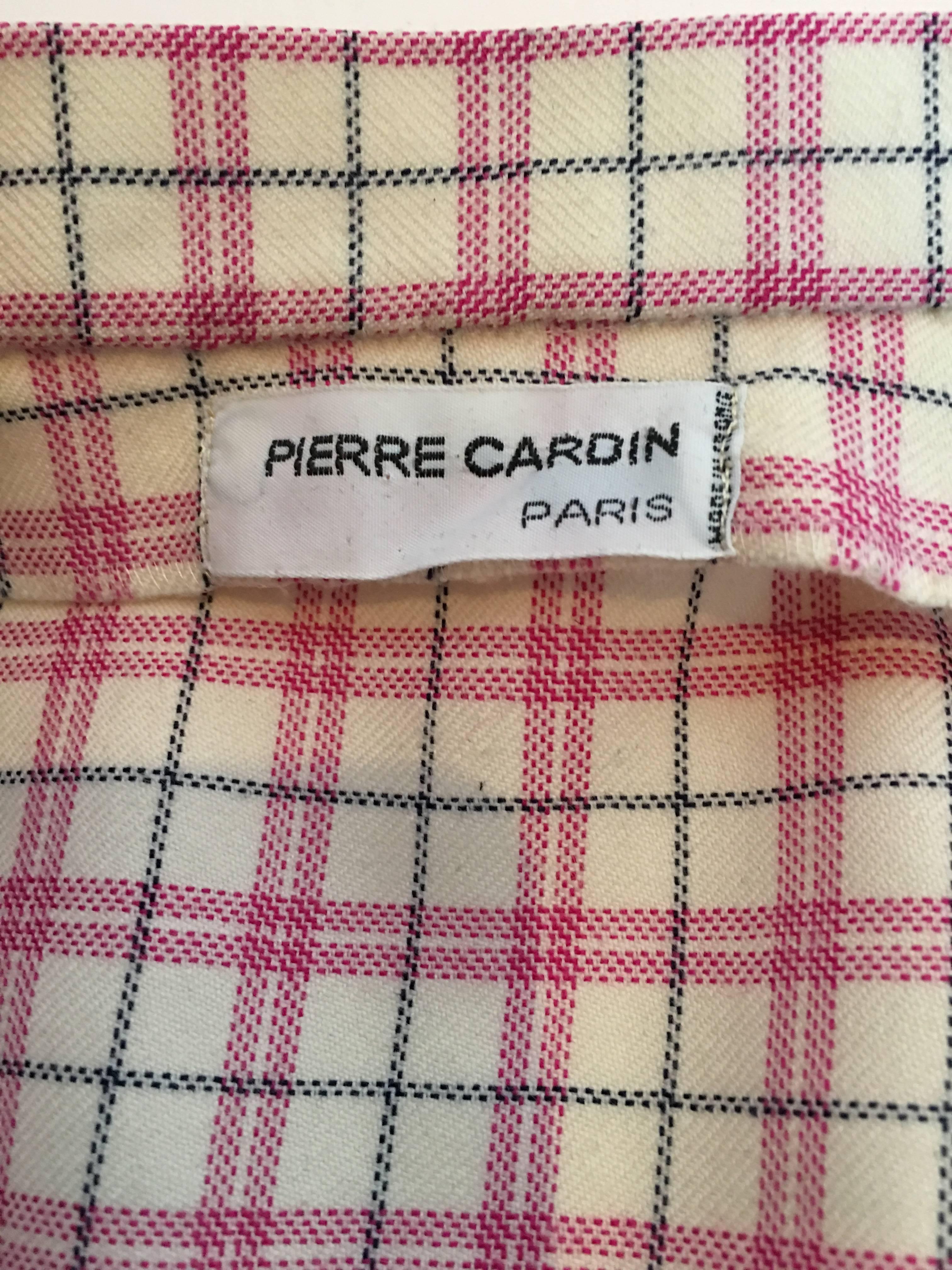 Pierre Cardin Pink and White Plaid Wool Cap Sleeve Skirt Suit, 1980s  1