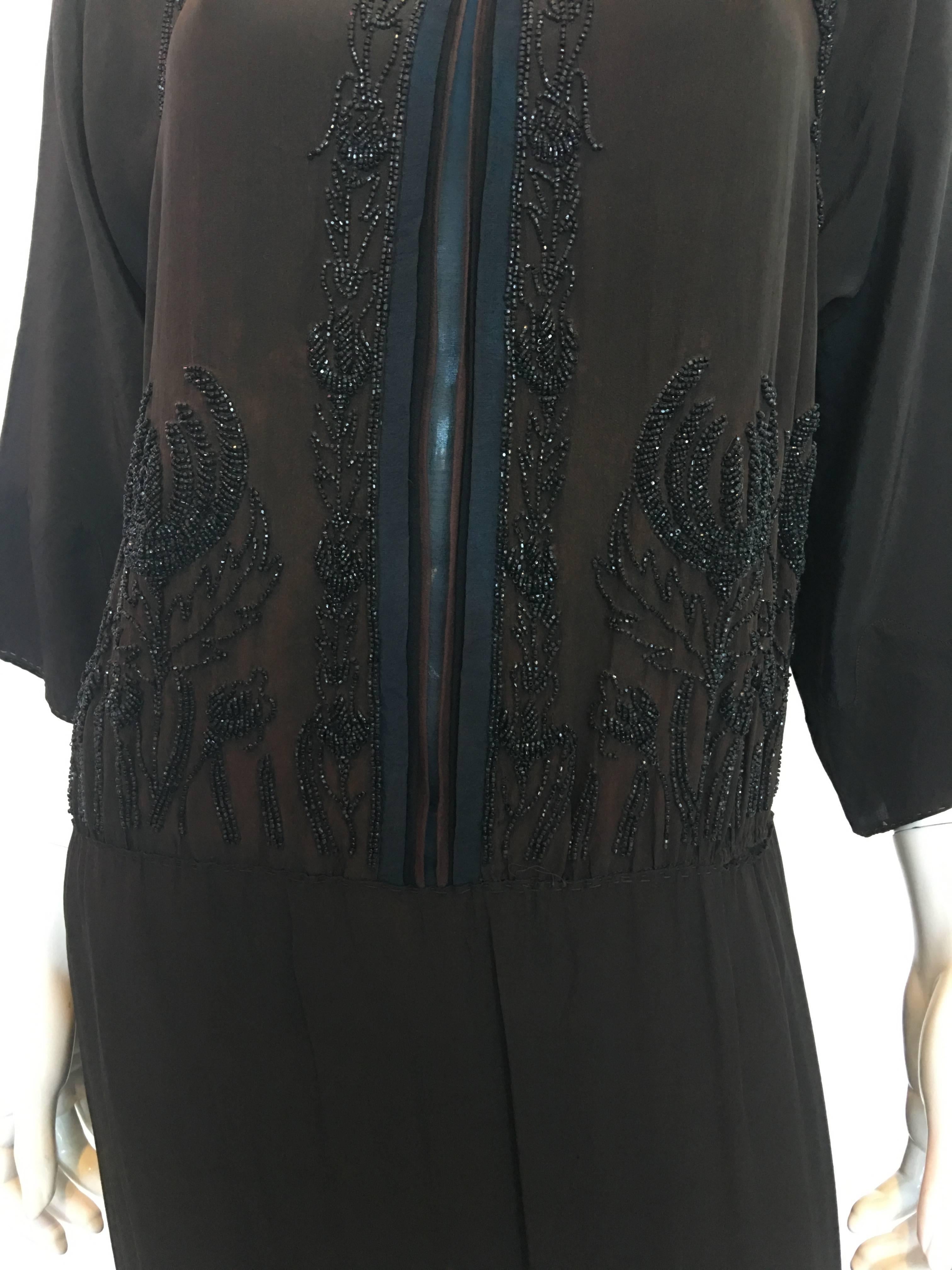 Beaded Black / Blue / Brown Silk Crepe Flapper Dress, 1920s  In Fair Condition In Los Angeles, CA