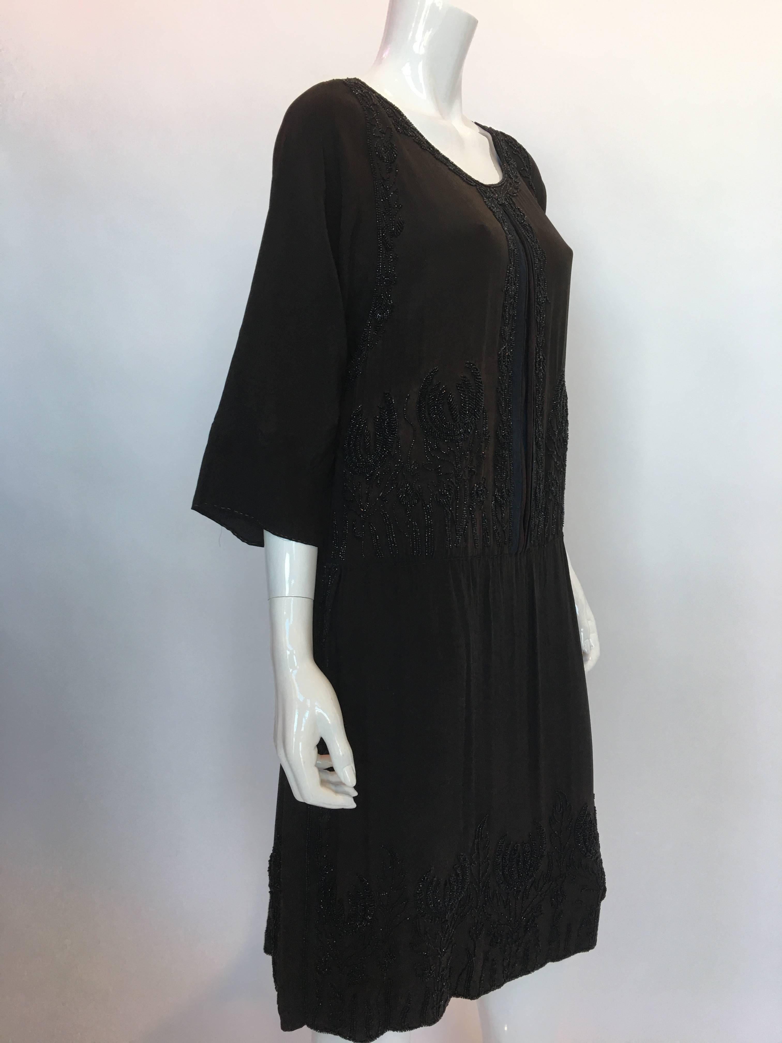 Beaded Black / Blue / Brown Silk Crepe Flapper Dress, 1920s  2