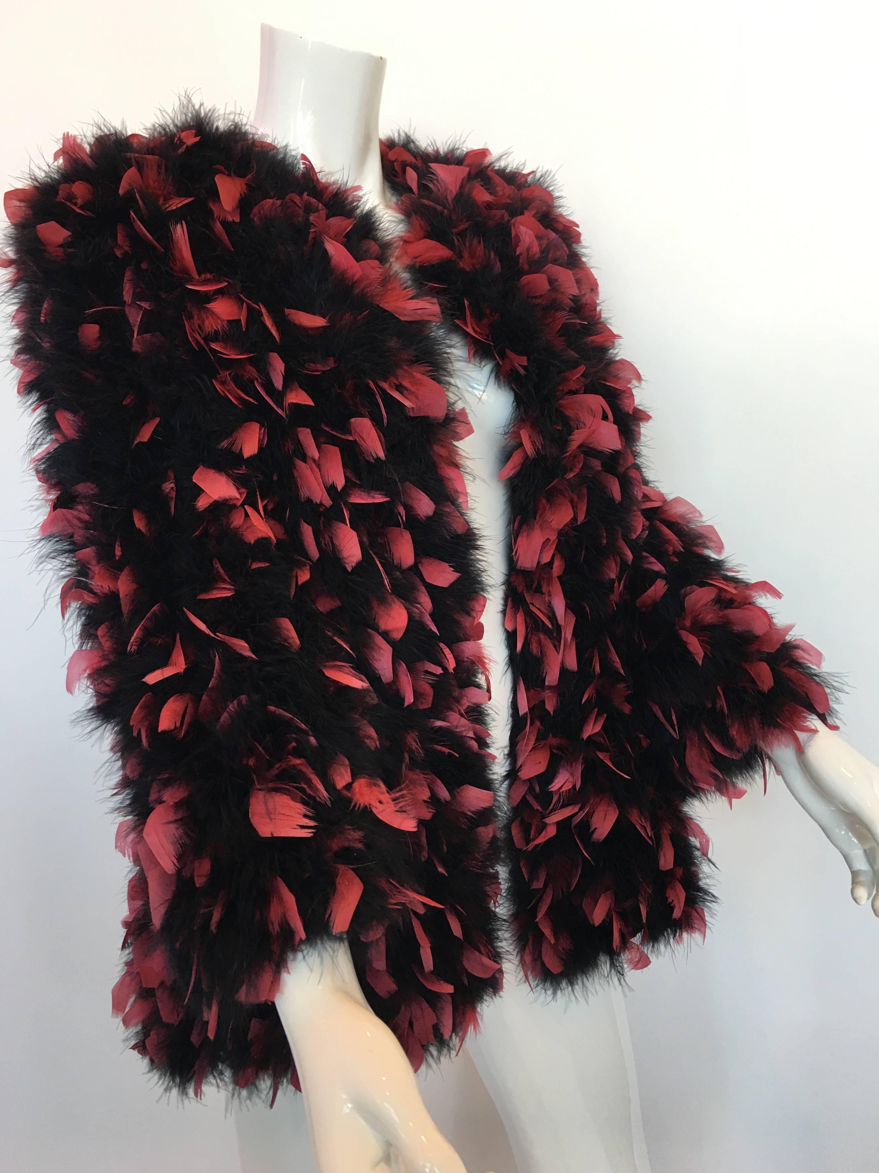 Anne Green 1960's Black and Magenta Feather Coat In Good Condition In Los Angeles, CA