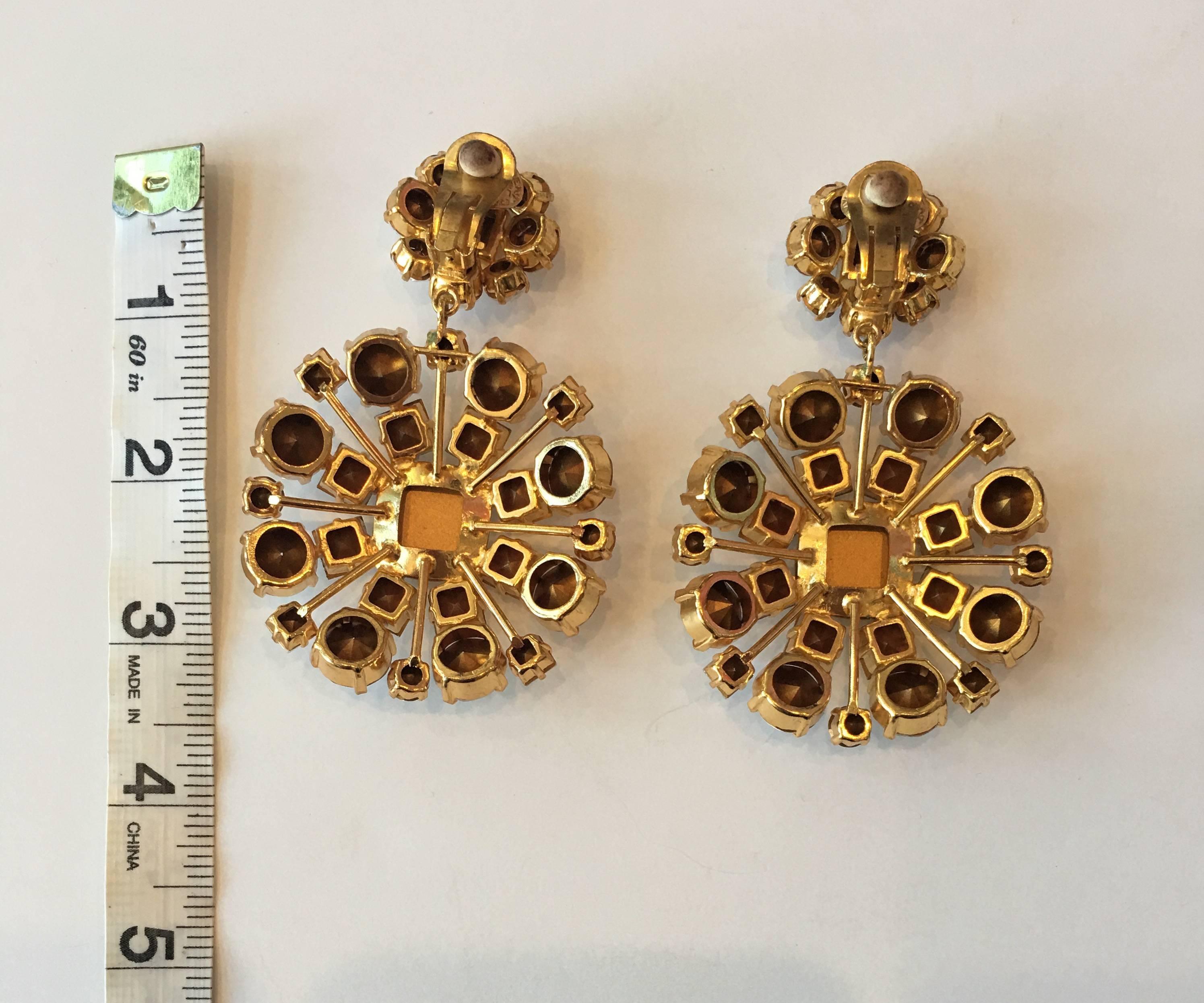 Antique Cushion Cut Yves Saint Laurent Crystal and Gold Tone Drop Chandelier Clip Earrings, 1980 For Sale
