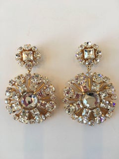 Yves Saint Laurent Crystal and Gold Tone Drop Chandelier Clip Earrings, 1980