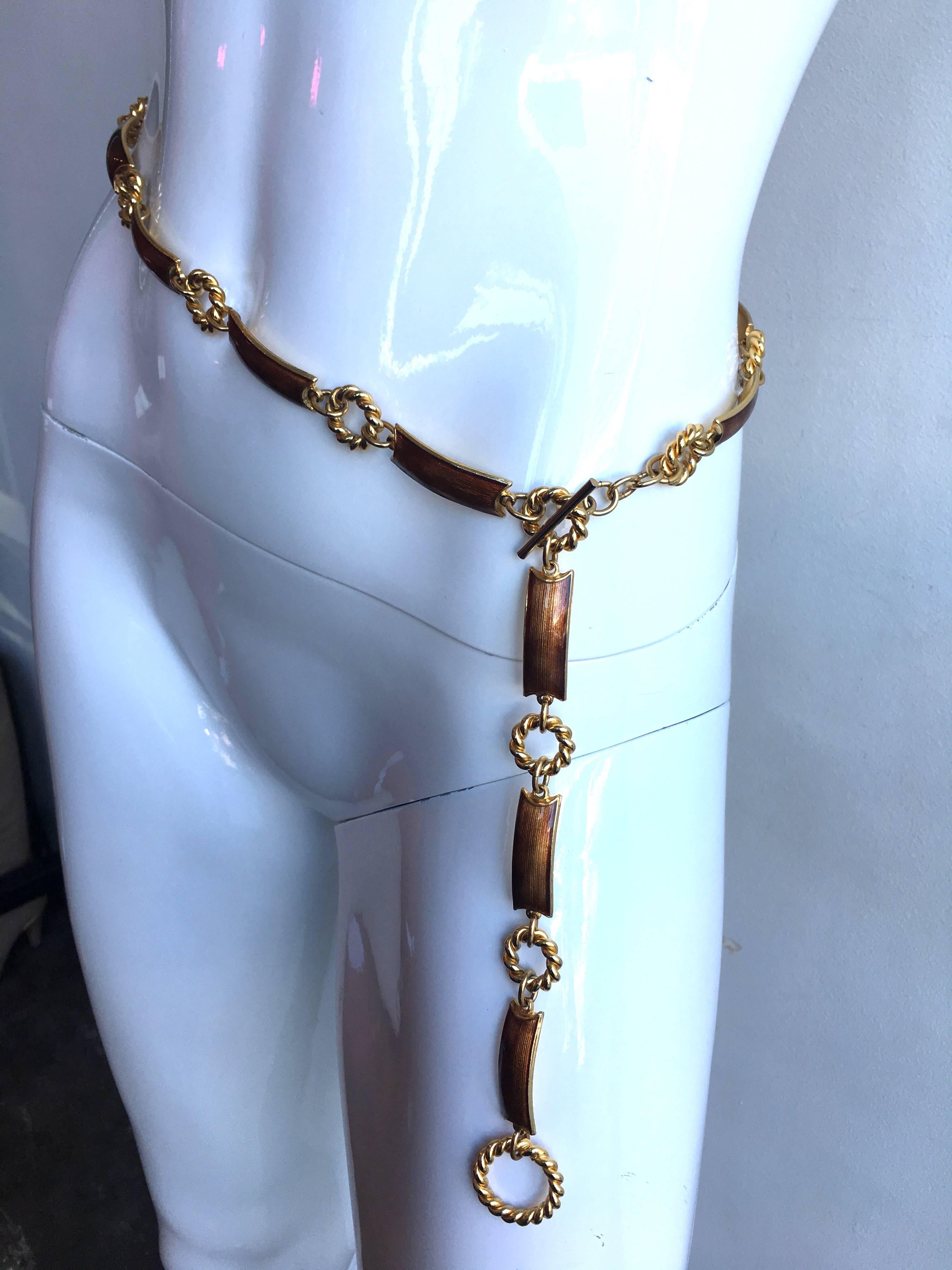 Women's or Men's Gucci 1970's Gold Tone with Bronze Enamel Chain Link Belt For Sale