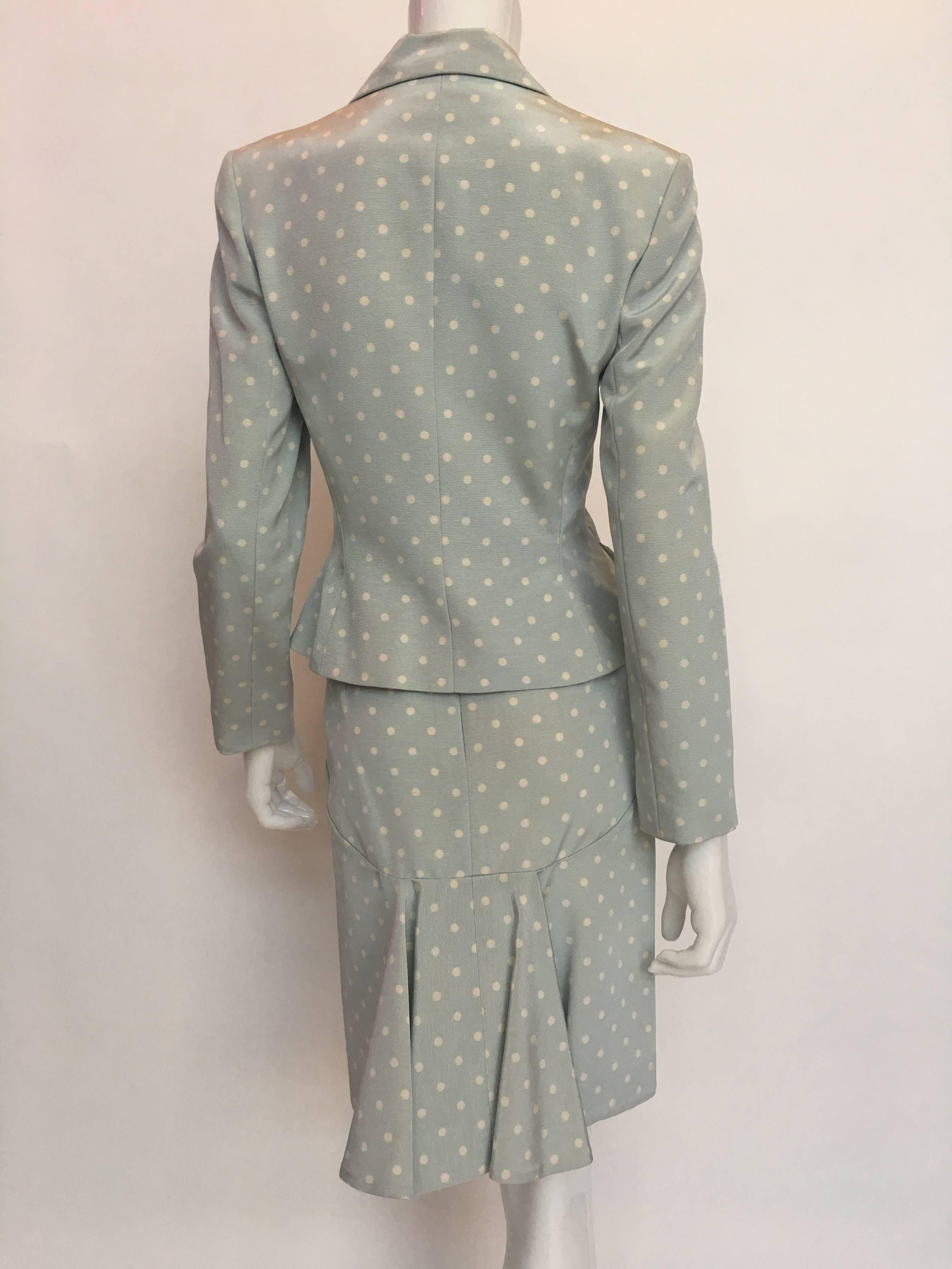 Givenchy 1990's Powder Blue and White Polka Dot Skirt Suit

Measurements - Taken Flat
Jacket:
Shoulders - seam to seam: 16