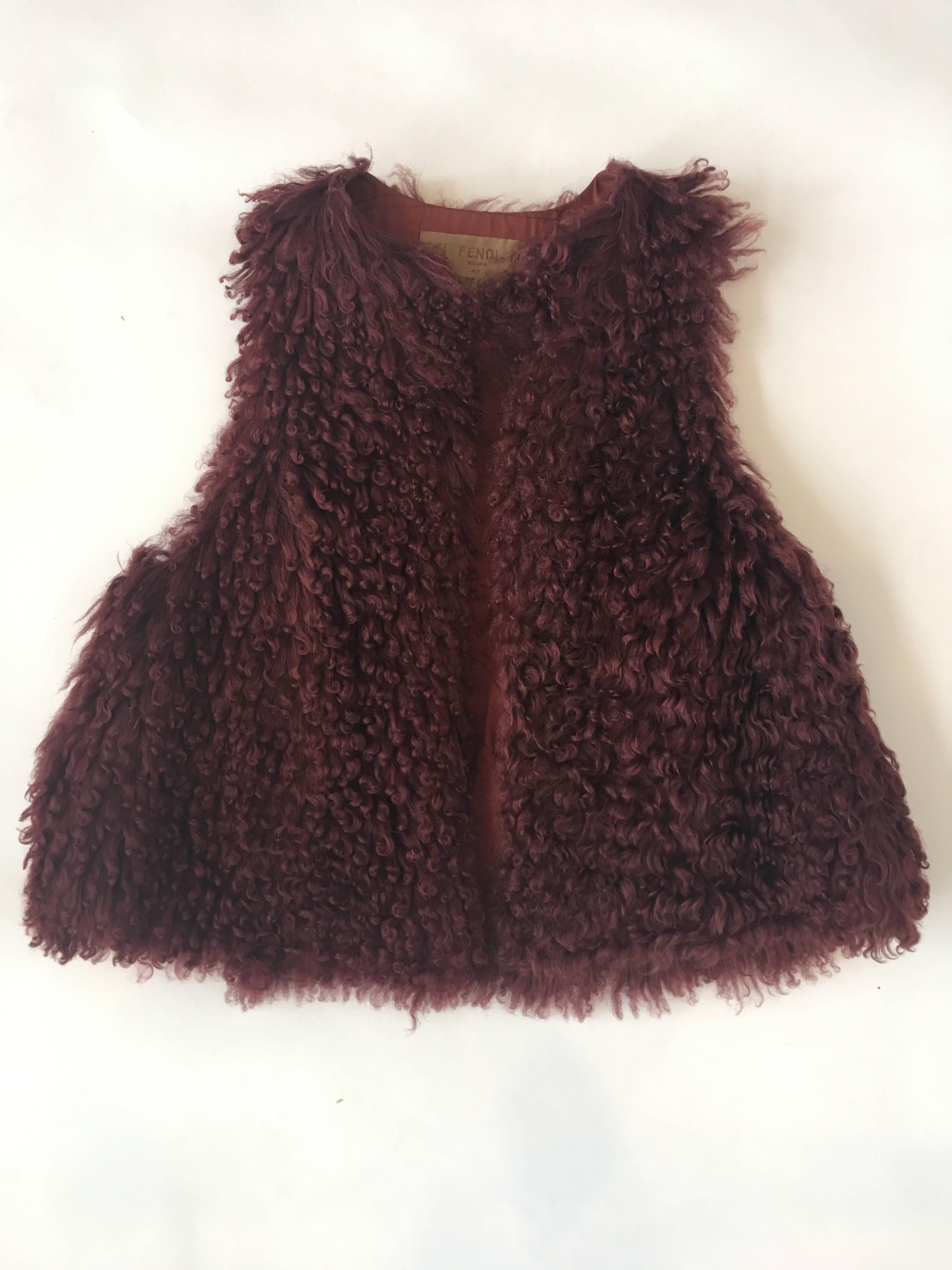 1970s Fendi for Bergdorfs Maroon Curly Lamb Vest In Good Condition For Sale In Los Angeles, CA