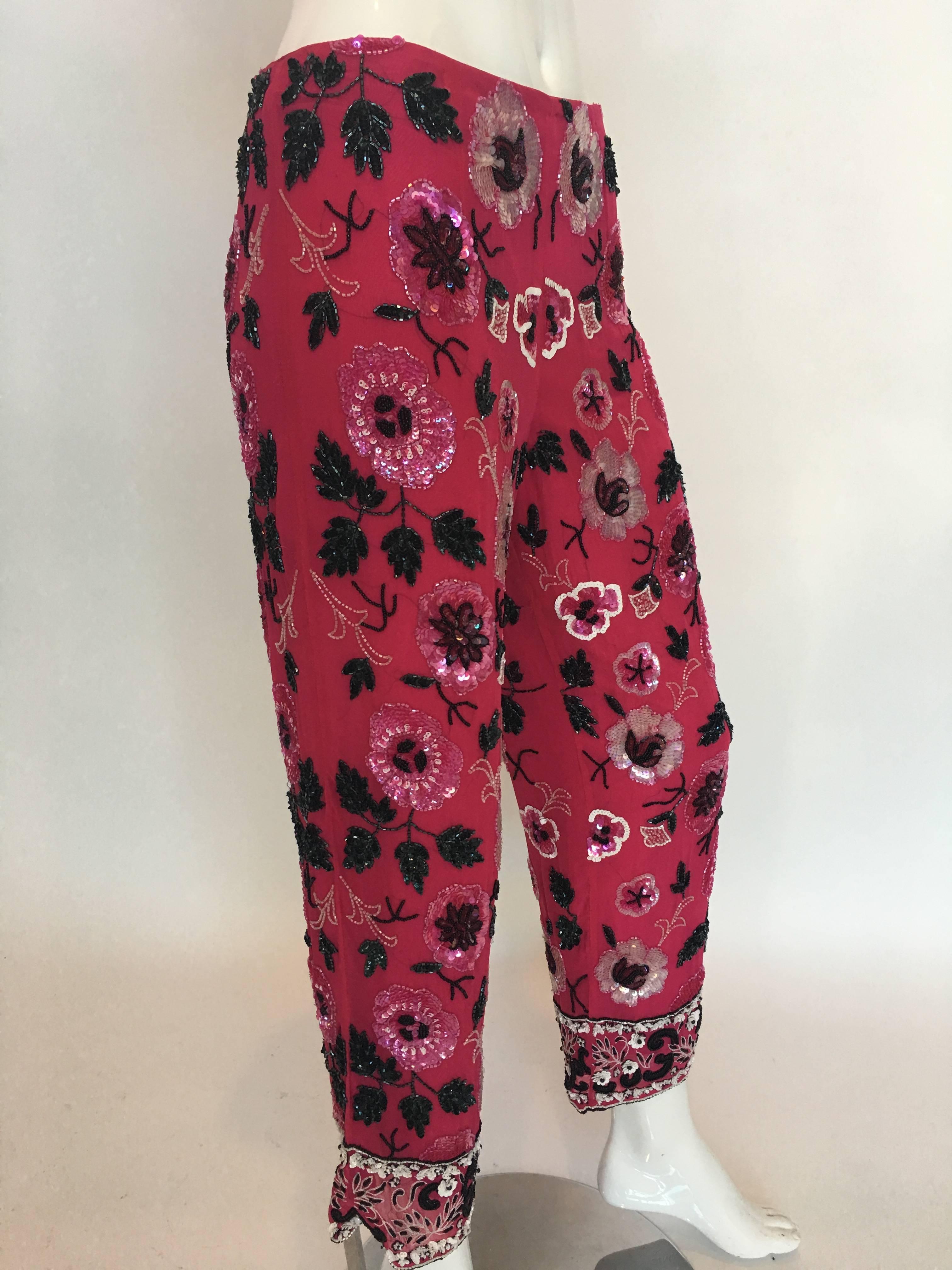 1980s Cache Fuschia Floral Beaded Silk Cropped Lounge Pants

Measurements - taken flat:
Waist: 14