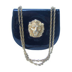 Saks Fifth Avenue Black Patent Leather Lion Handbag  c 1970