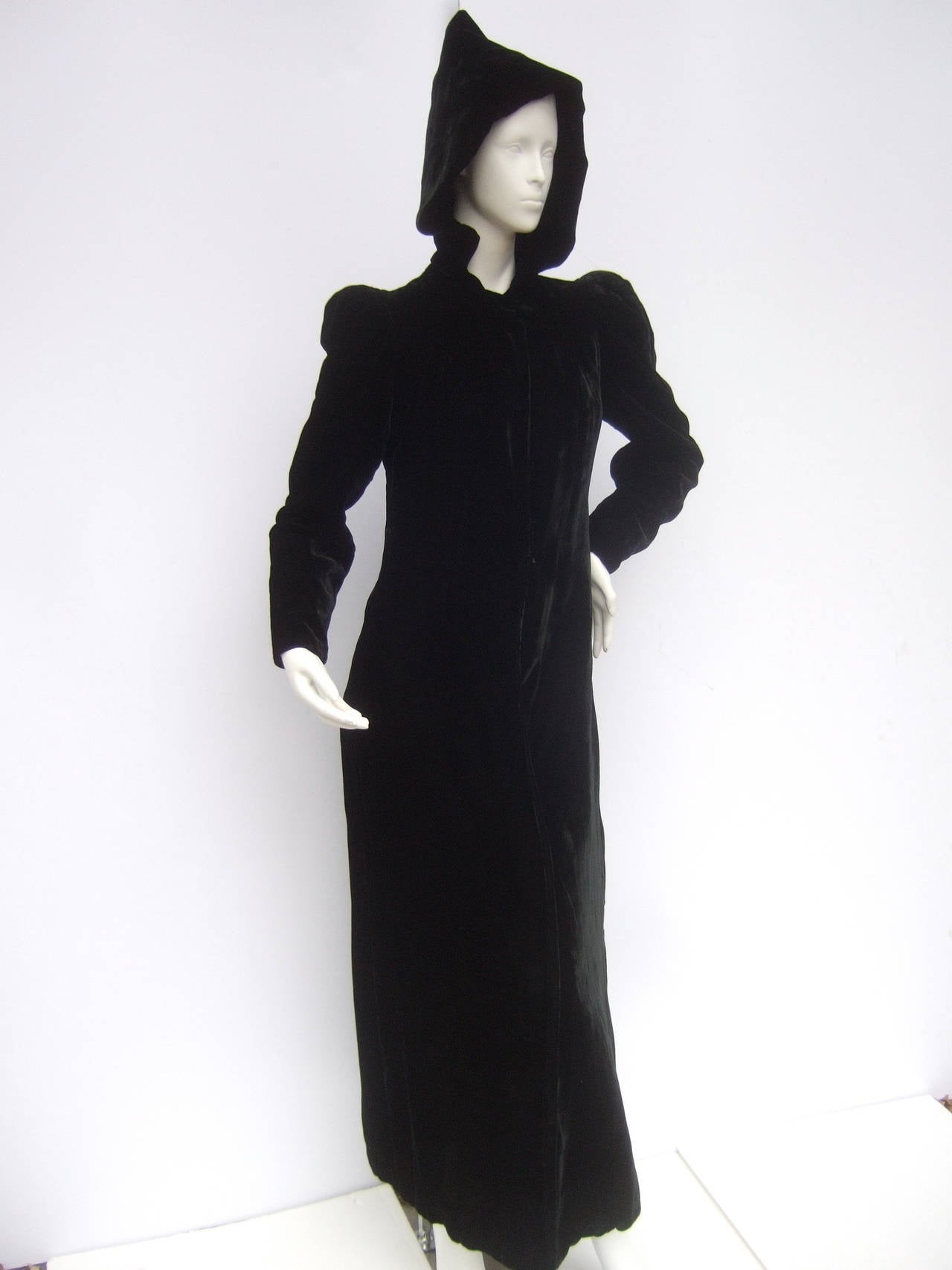 Dramatic Black Silk Velvet Hooded Evening Coat c 1960 1