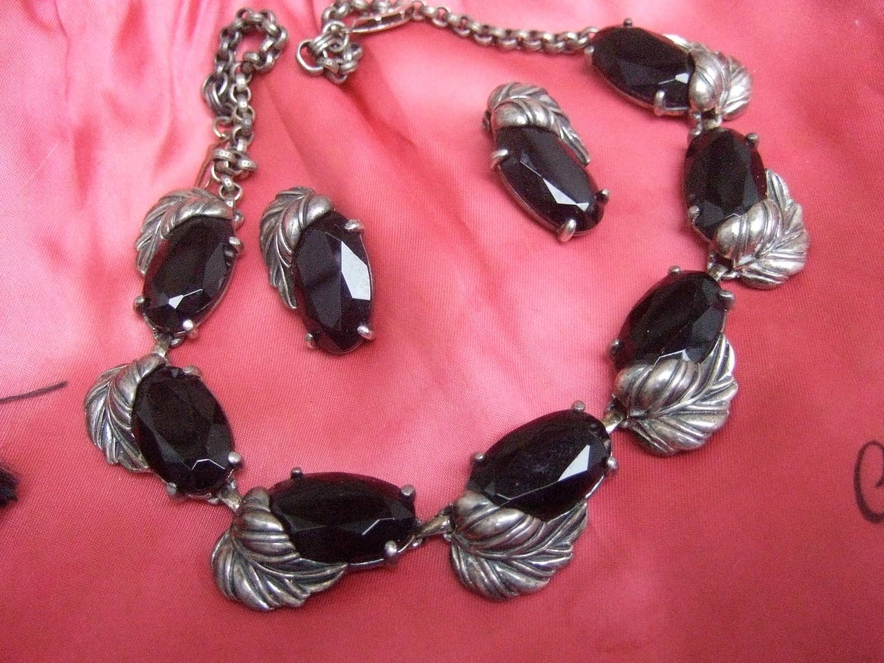 Schiaparelli Jet Glass Silver Leaf Necklace & Earrings c 1950 2