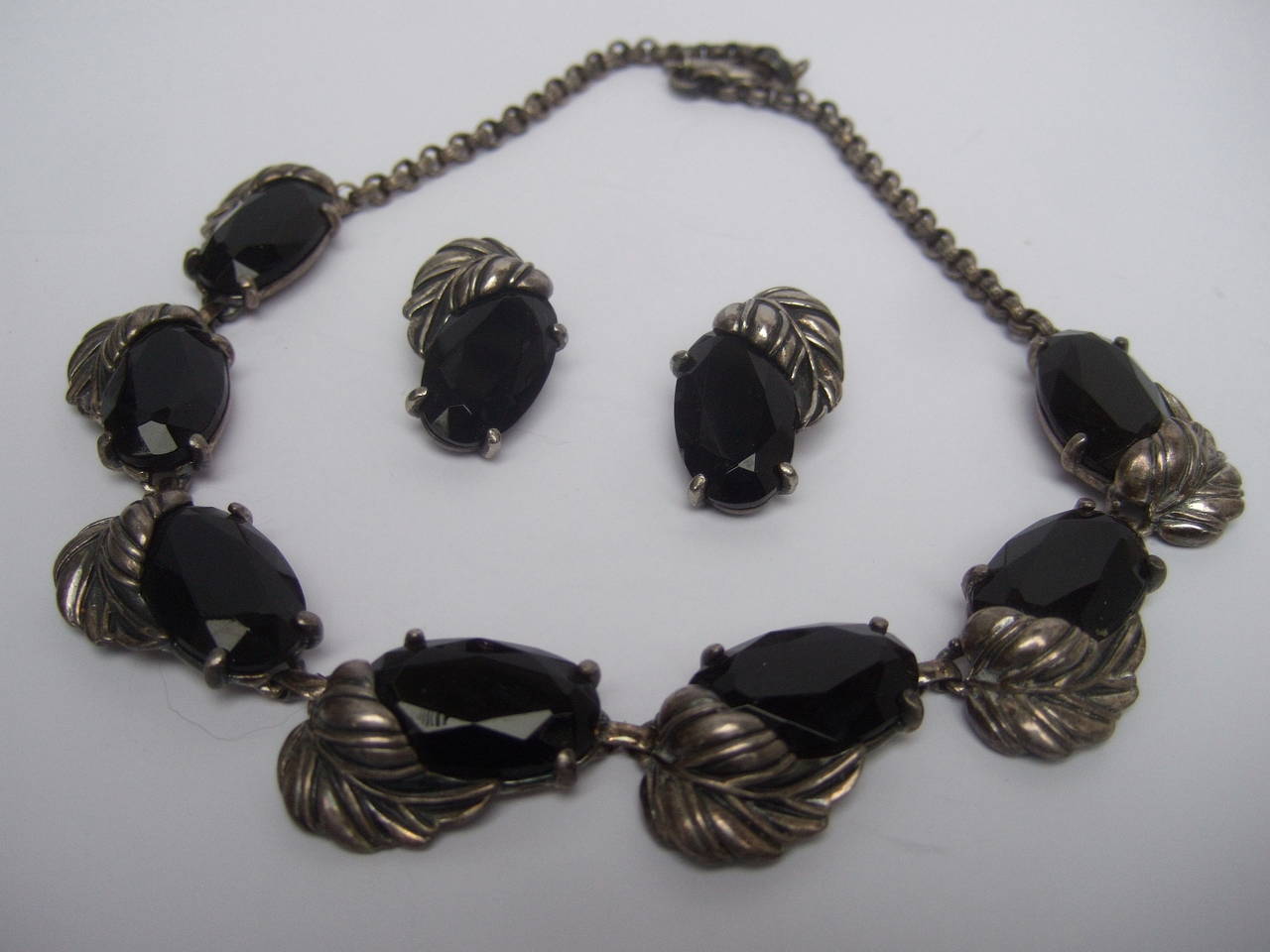 Schiaparelli Jet Glass Silver Leaf Necklace & Earrings c 1950 1