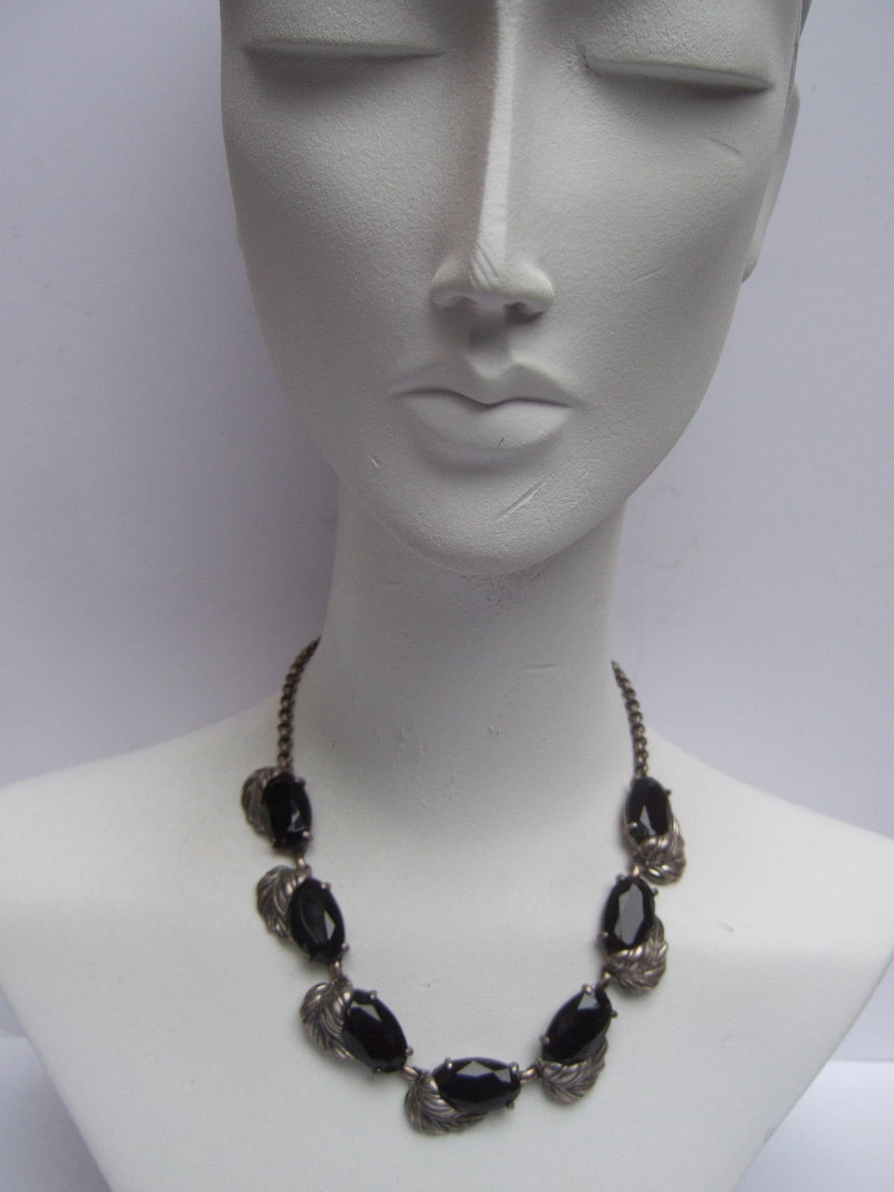 Schiaparelli Jet Glass Silver Leaf Necklace & Earrings c 1950 6