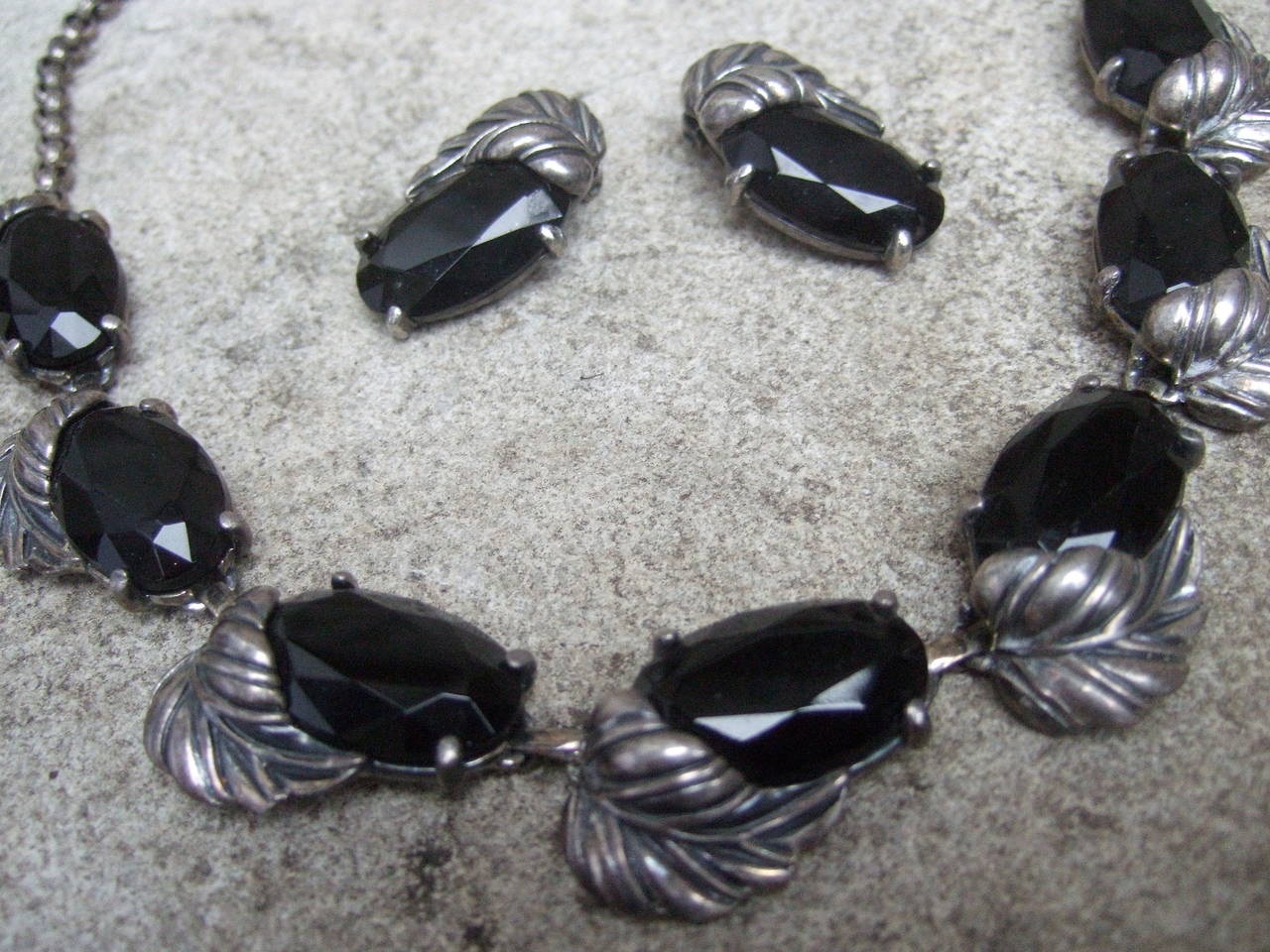 Schiaparelli Jet Glass Silver Leaf Necklace & Earrings c 1950 4
