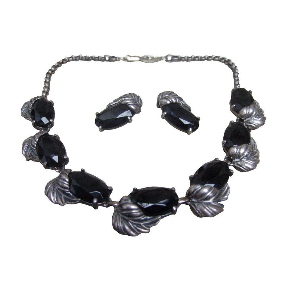 Schiaparelli Jet Glass Silver Leaf Necklace & Earrings c 1950