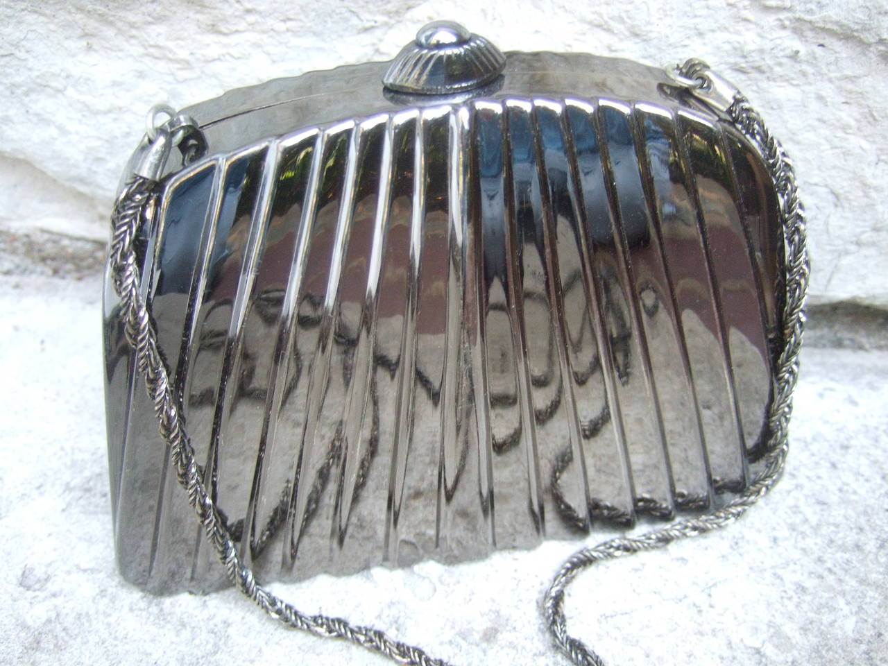 Neiman Marcus Sleek Pewter Metal Evening Bag Made in Italy In Excellent Condition In University City, MO