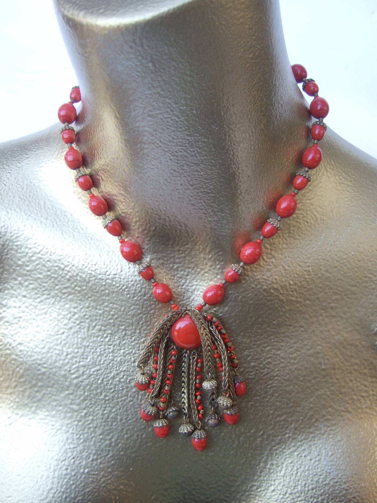 Miriam Haskell Crimson Glass Beaded Necklace Brooch & Earrings c 1960 2
