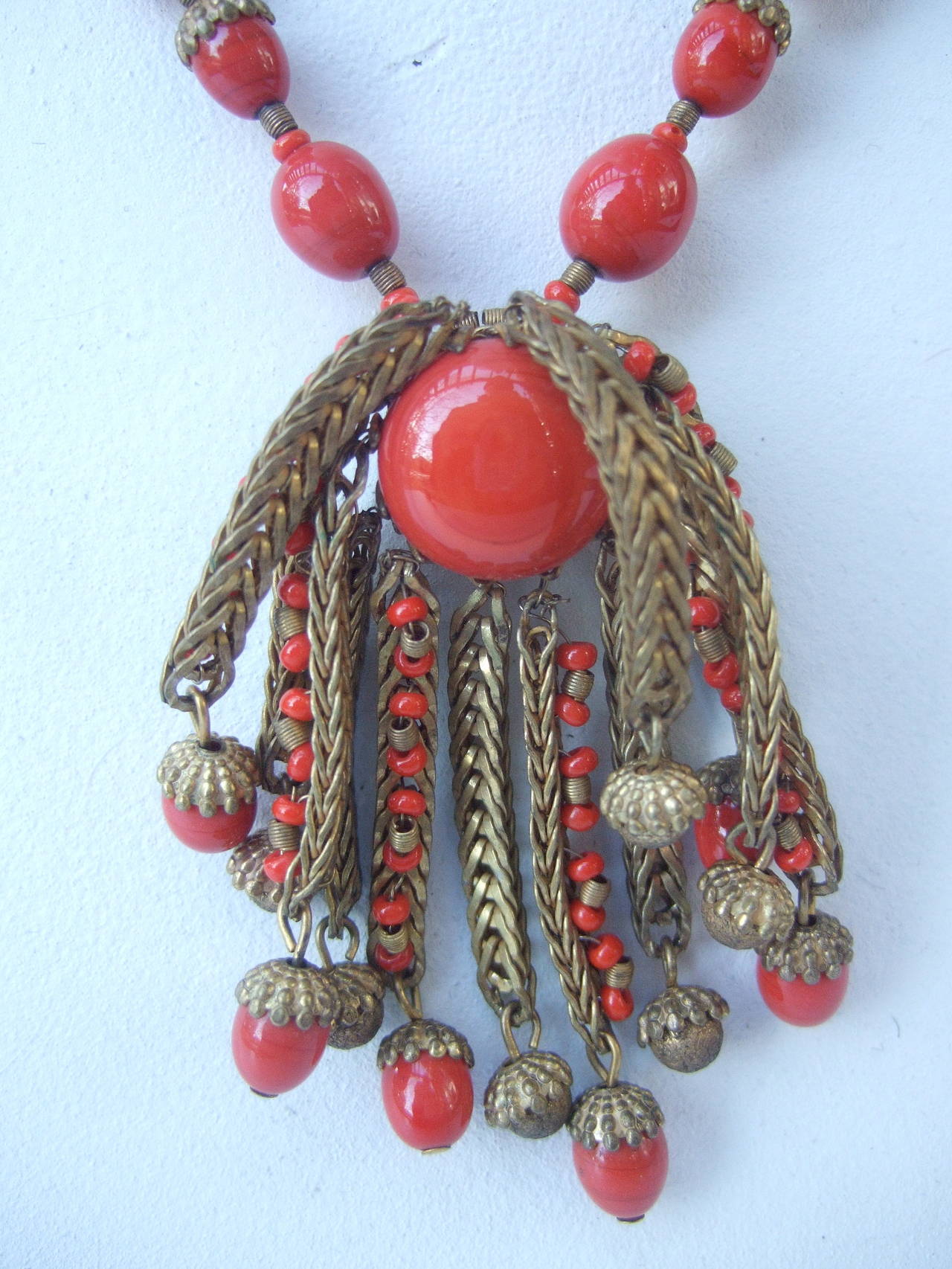 Women's Miriam Haskell Crimson Glass Beaded Necklace Brooch & Earrings c 1960