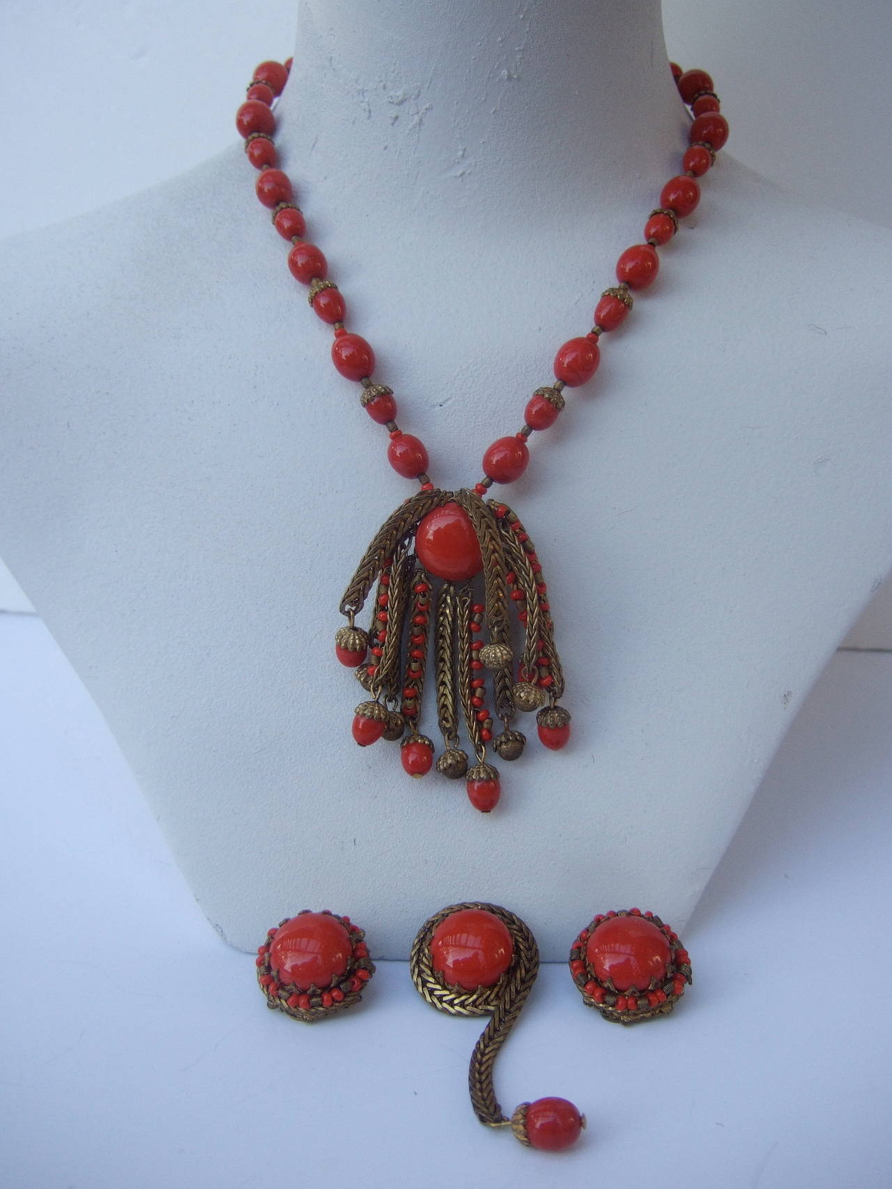 Miriam Haskell Crimson Glass Beaded Necklace Brooch & Earrings c 1960 In Excellent Condition In University City, MO