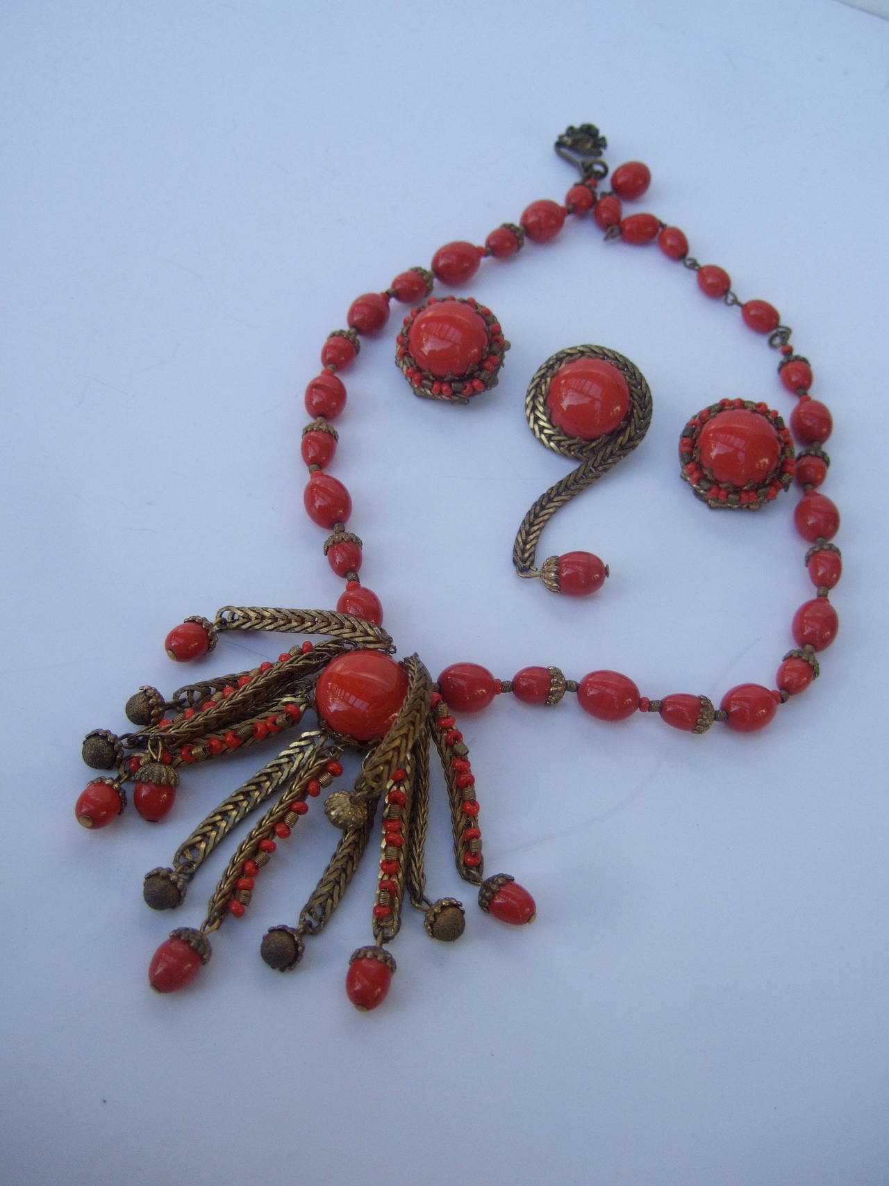 Miriam Haskell Crimson Glass Beaded Necklace Brooch & Earrings c 1960 3