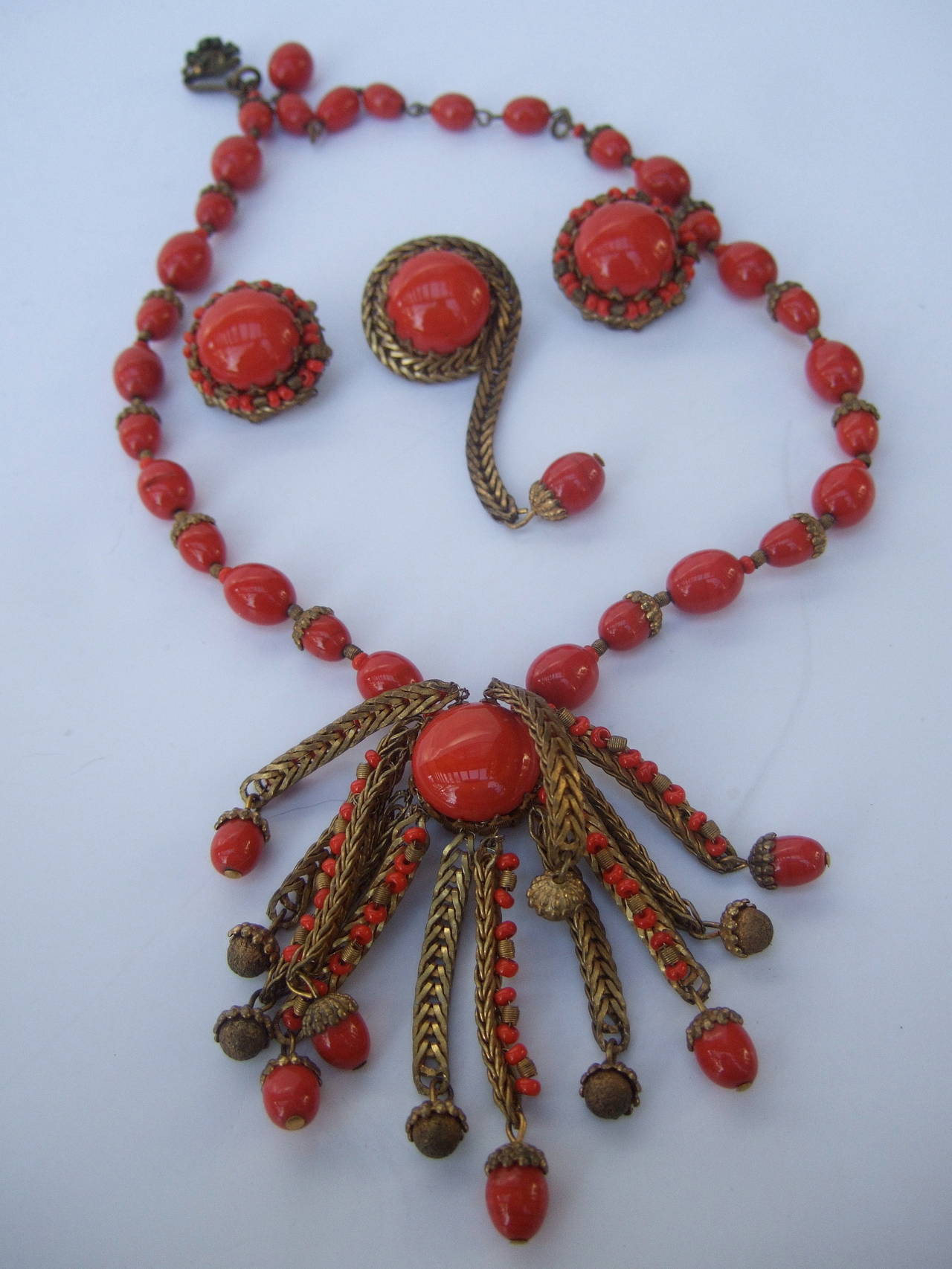 Miriam Haskell Crimson Glass Beaded Necklace Brooch & Earrings c 1960 1