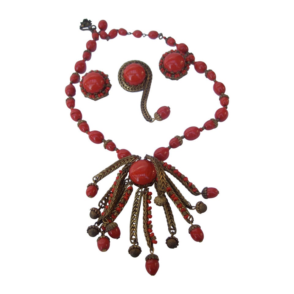 Miriam Haskell Crimson Glass Beaded Necklace Brooch & Earrings c 1960