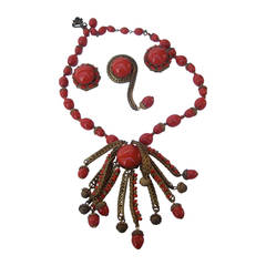 Miriam Haskell Crimson Glass Beaded Necklace Brooch & Earrings c 1960 3