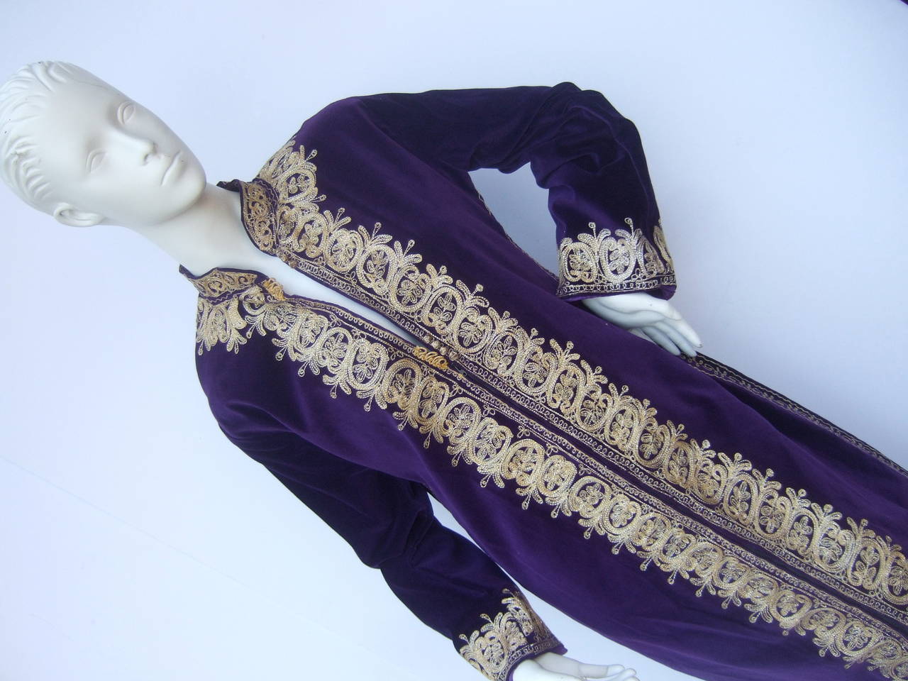 Exotic Moroccan Violet Velvet Embroidered Evening Caftan c 1960s 5