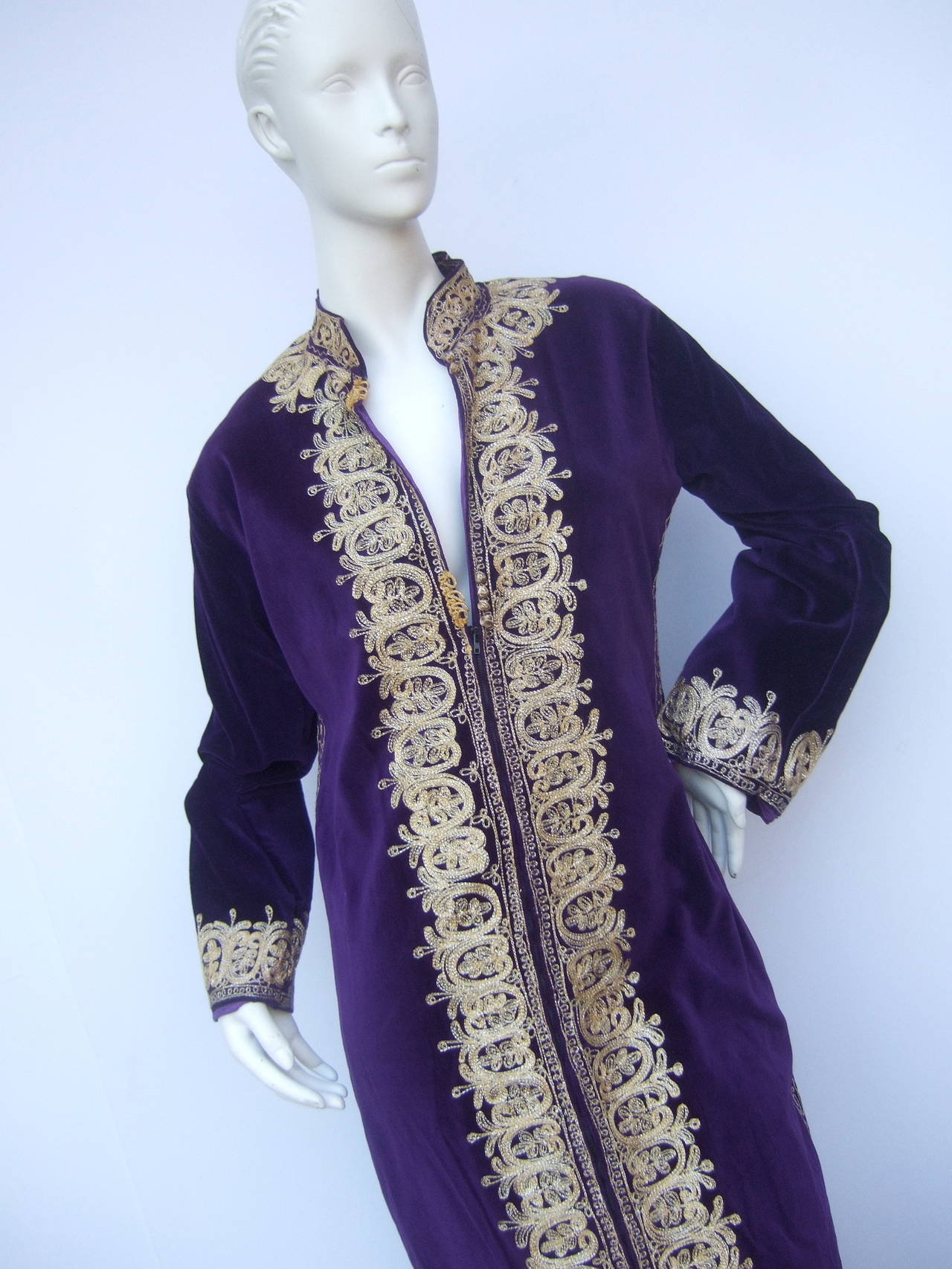 Black Exotic Moroccan Violet Velvet Embroidered Evening Caftan c 1960s