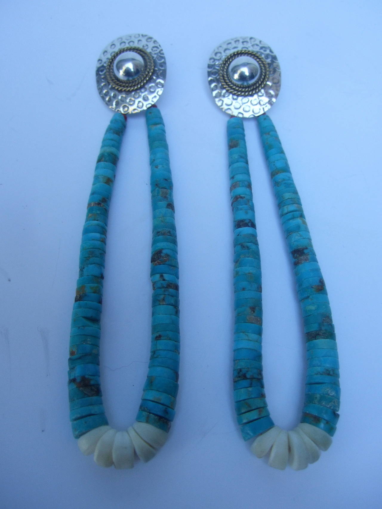 Women's Artisan Turquoise & Sterling Heisha Pierced Dangle Earrings c 1970s For Sale