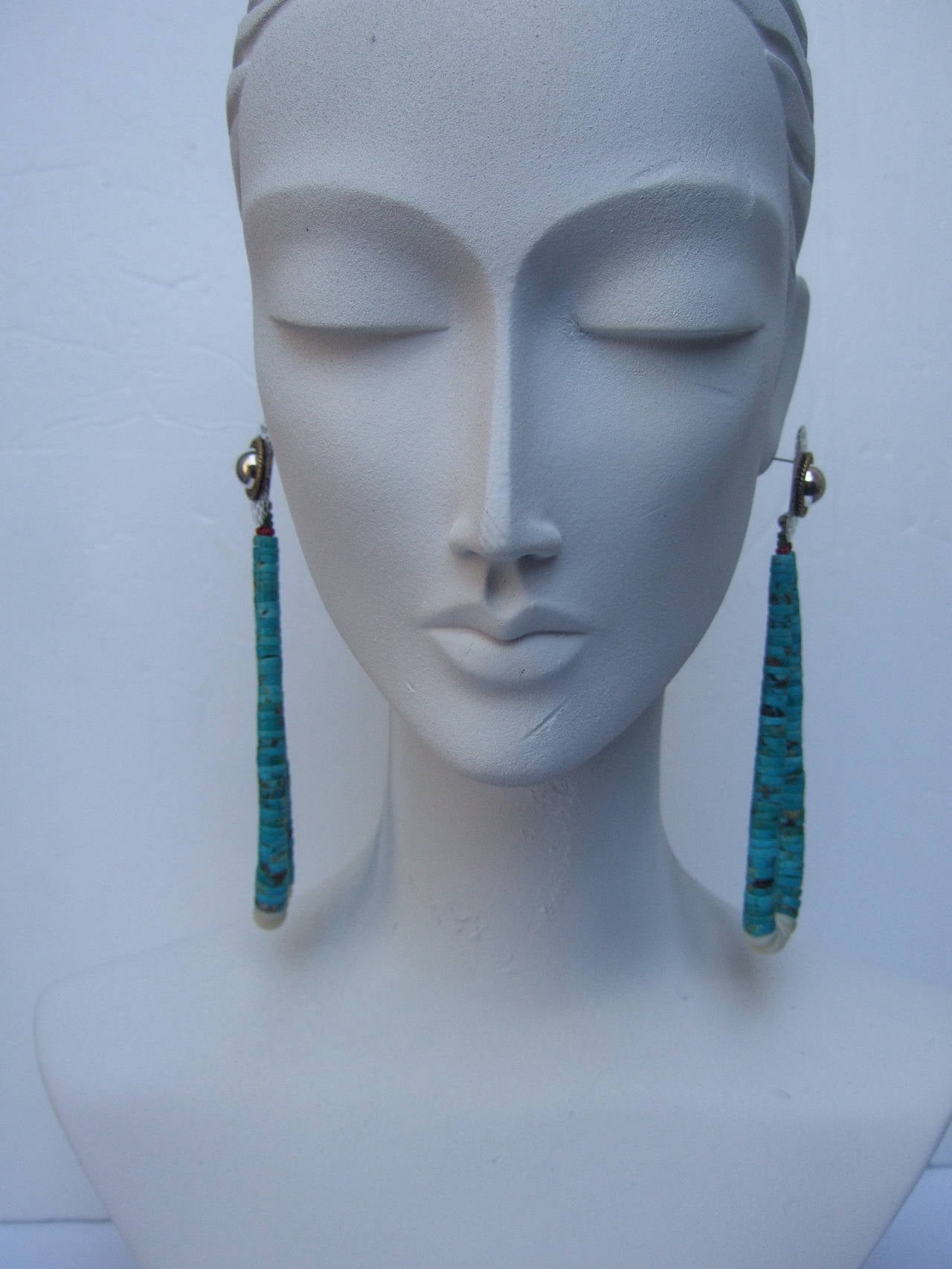 Artisan Turquoise & Sterling Heisha Pierced Dangle Earrings c 1970s For Sale 1