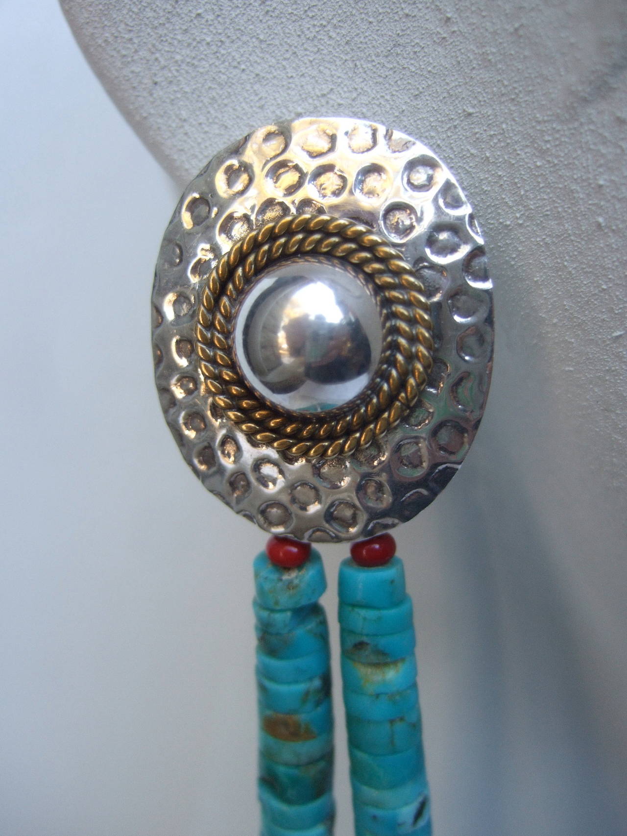 Artisan Turquoise & Sterling Heisha Pierced Dangle Earrings c 1970s For Sale 3