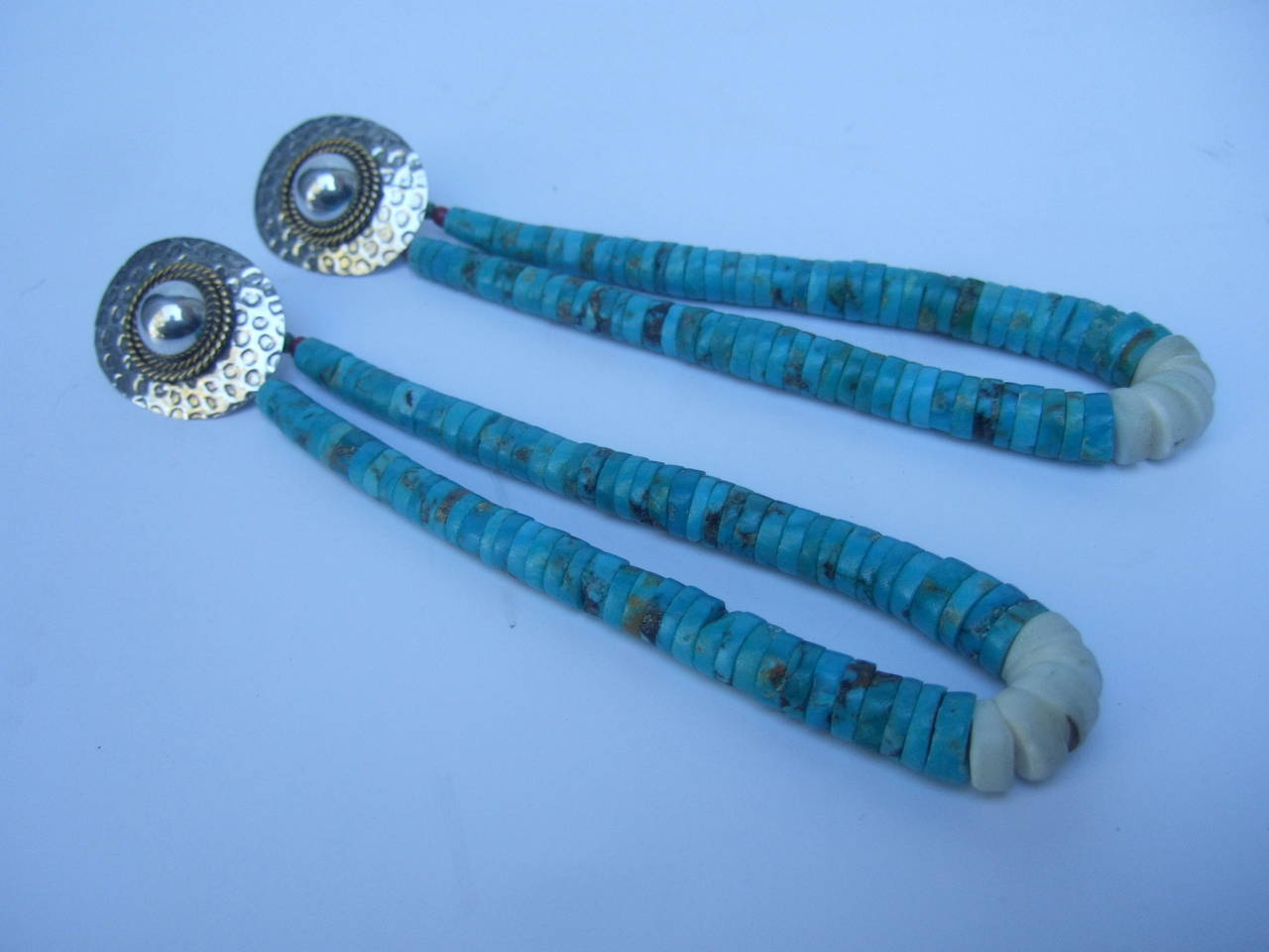 Artisan Turquoise & Sterling Heisha Pierced Dangle Earrings c 1970s For Sale 2