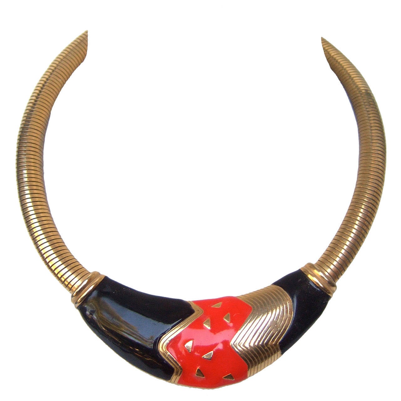 Schlanke schwarz-rote vergoldete Emaille-Choker-Halskette im Angebot
