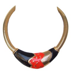 Retro Sleek Black & Red Enamel Gilt Choker Necklace
