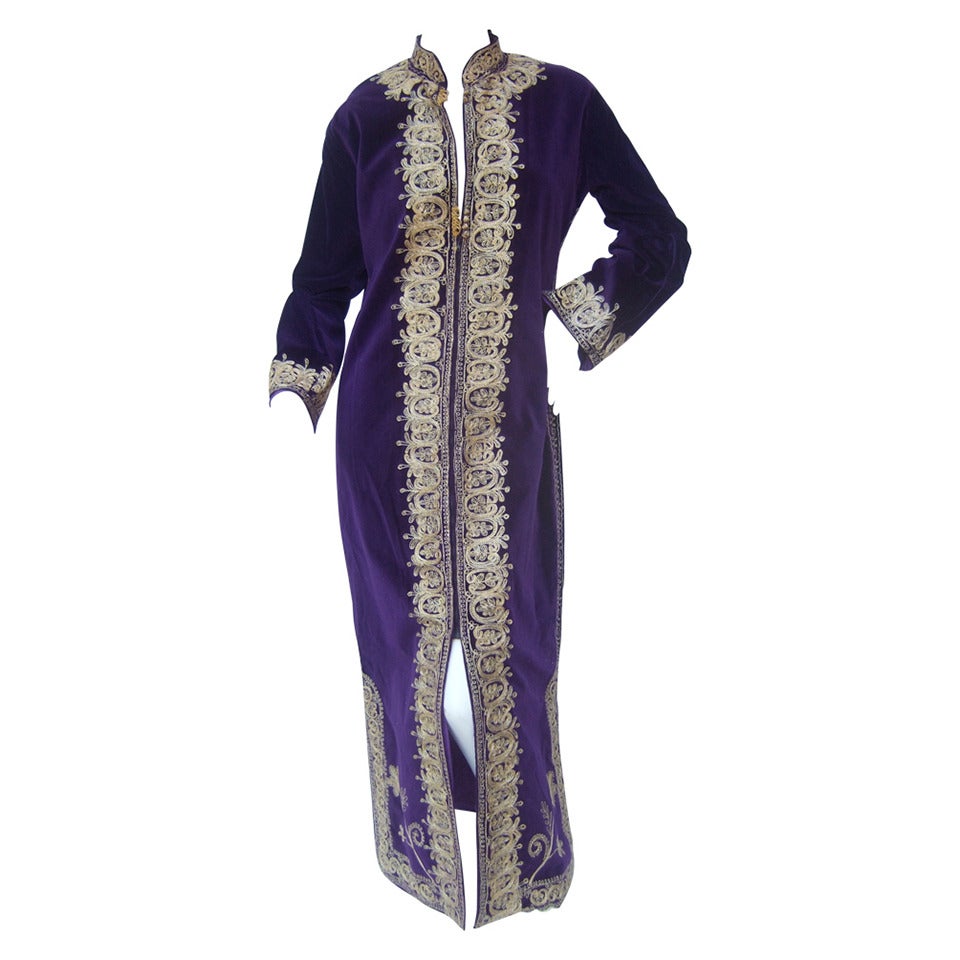 Exotic Moroccan Violet Velvet Embroidered Evening Caftan c 1960s