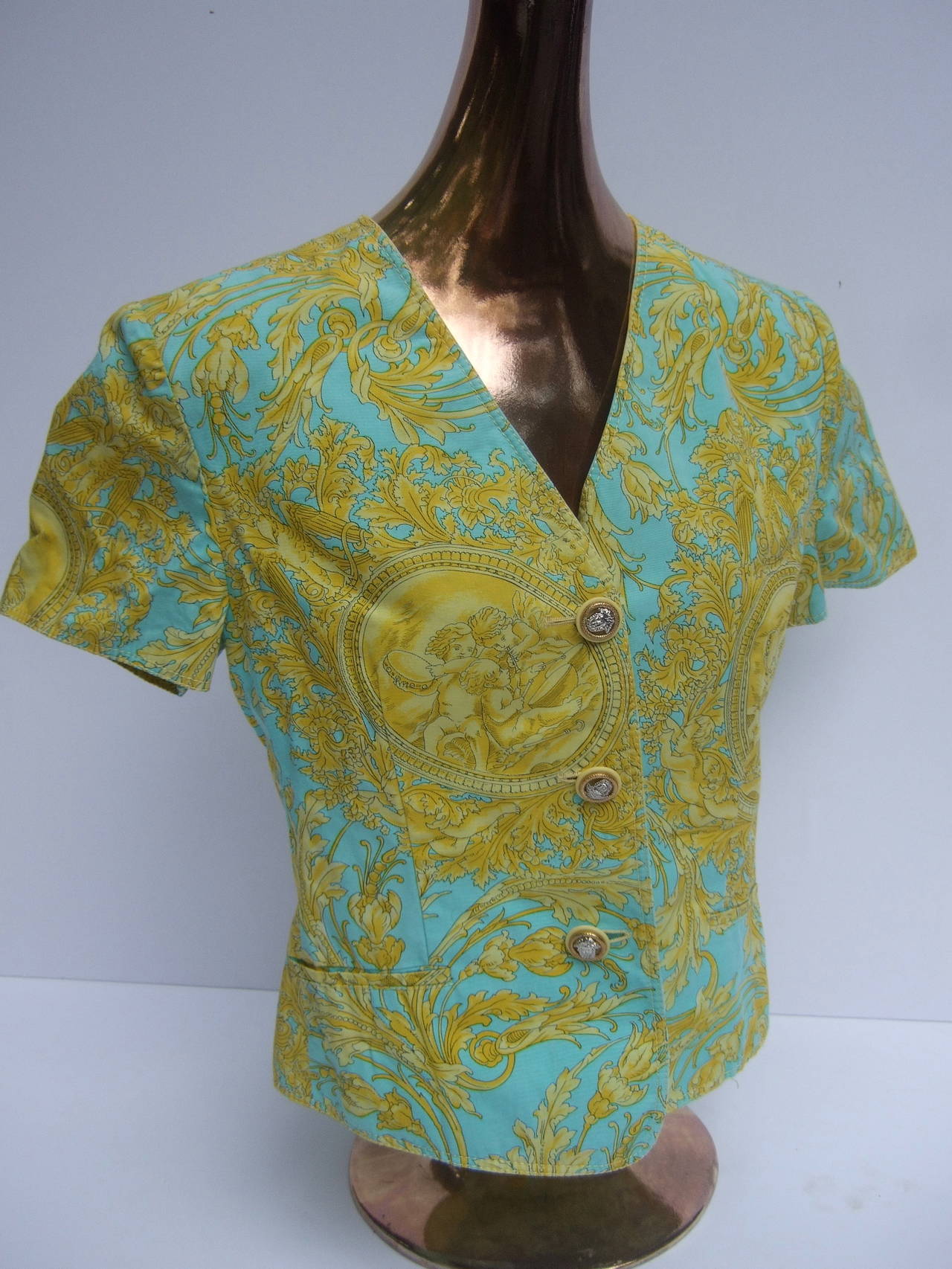 Versace Vibrant Print Medusa Button Cotton Jacket US Size 10