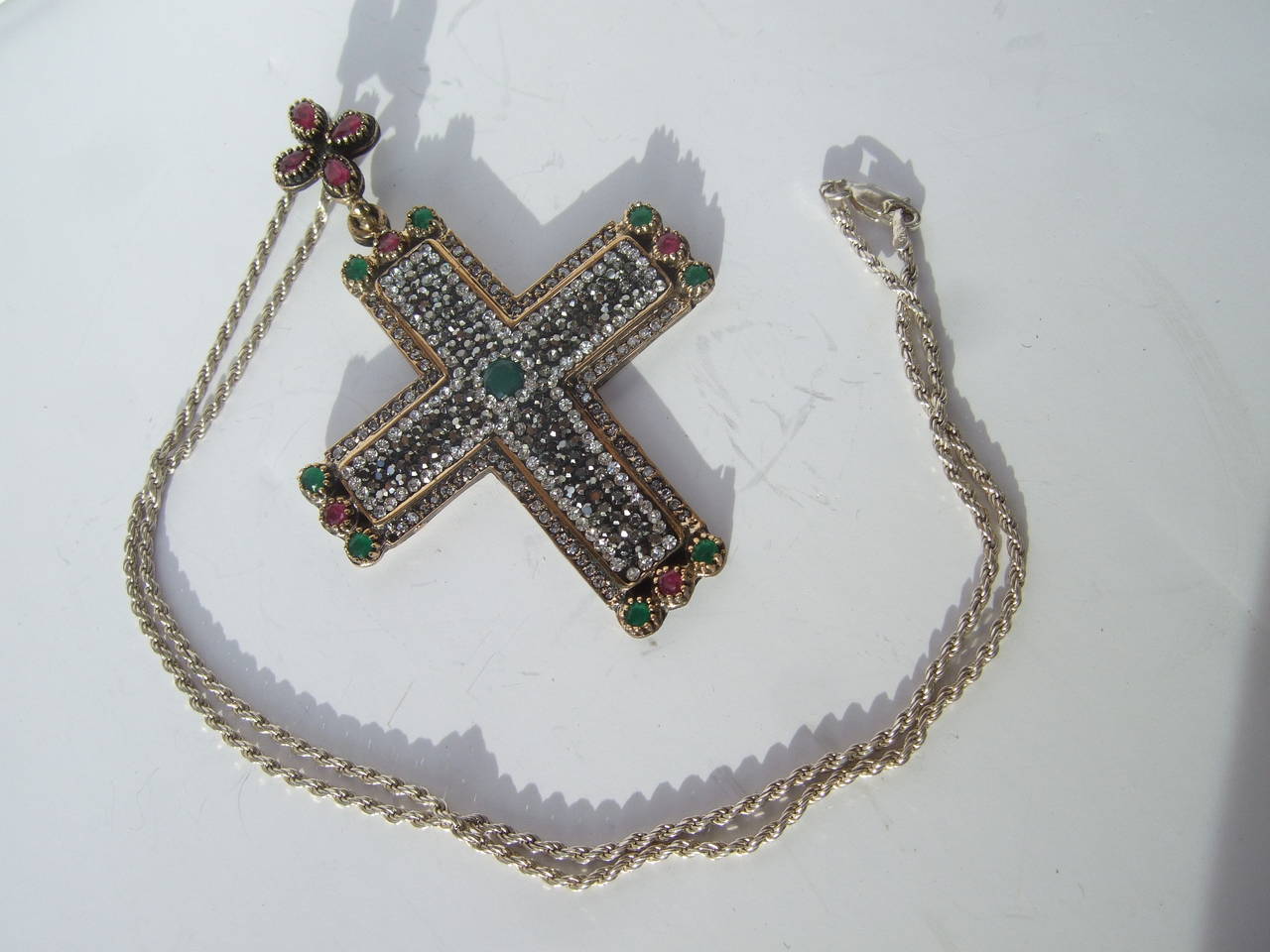Sterling Large Crystal & Semi Precious Jeweled Cross Pendant Necklace 1