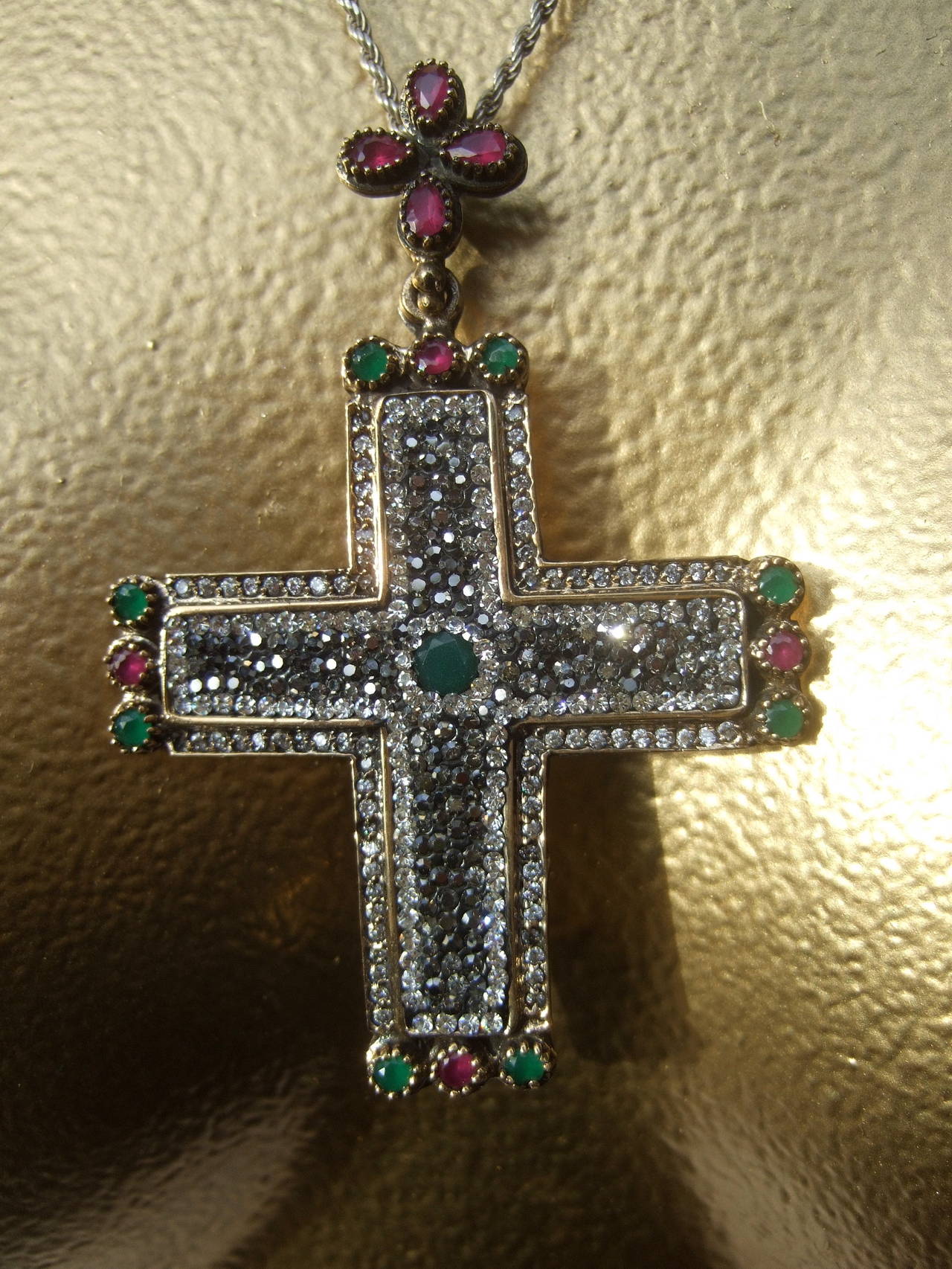 Sterling Large Crystal & Semi Precious Jeweled Cross Pendant Necklace In Excellent Condition In University City, MO