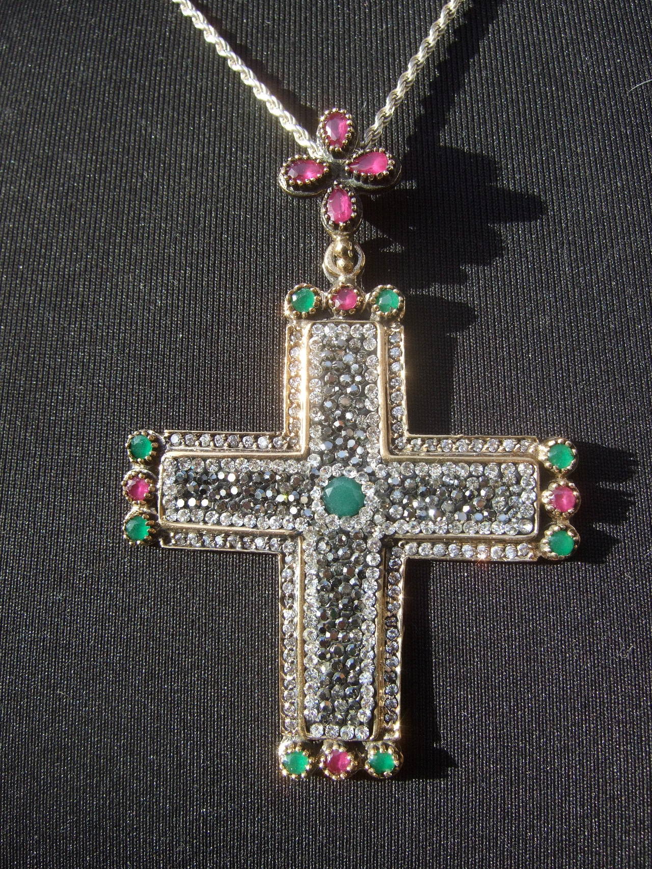 Sterling Large Crystal & Semi Precious Jeweled Cross Pendant Necklace 3