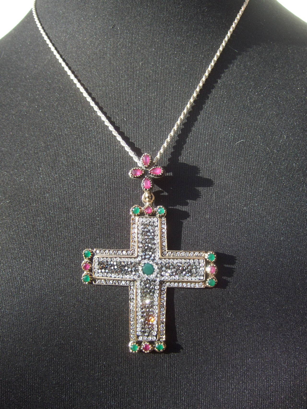 Sterling Large Crystal & Semi Precious Jeweled Cross Pendant Necklace 2