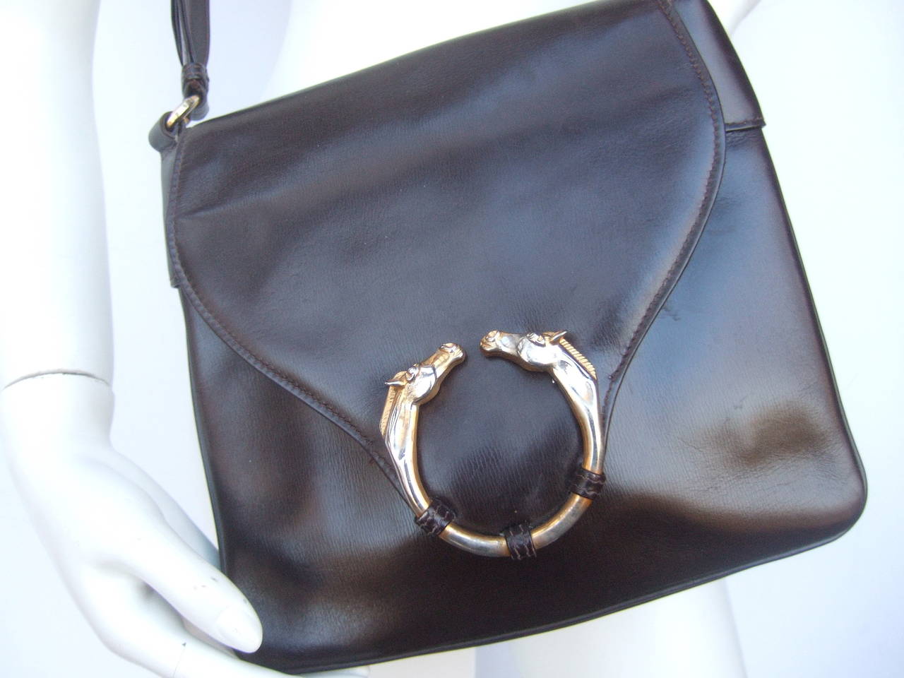 Gucci Rare Brown Leather Equine Medallion Shoulder Bag c 1970