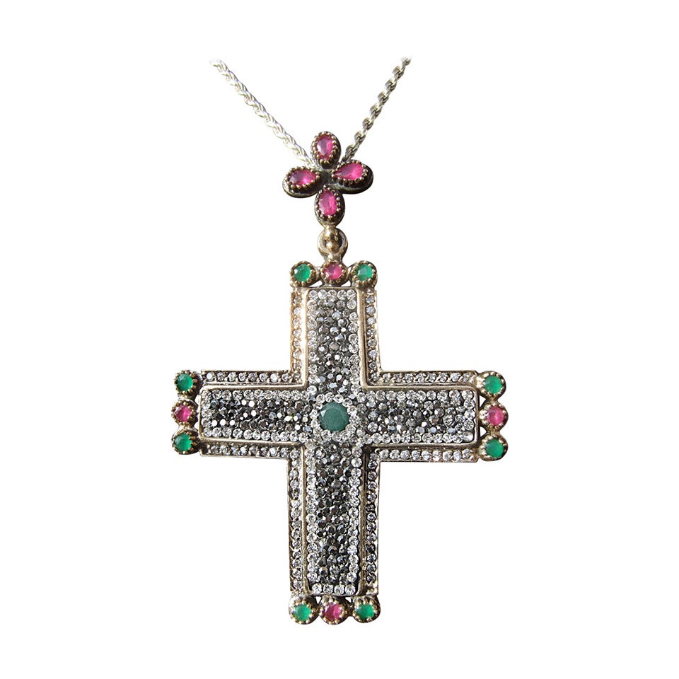 Sterling Large Crystal & Semi Precious Jeweled Cross Pendant Necklace