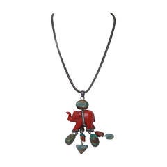 Exotic Coral, Sterling & Turquoise Elephant Pendant Necklace c 1970s