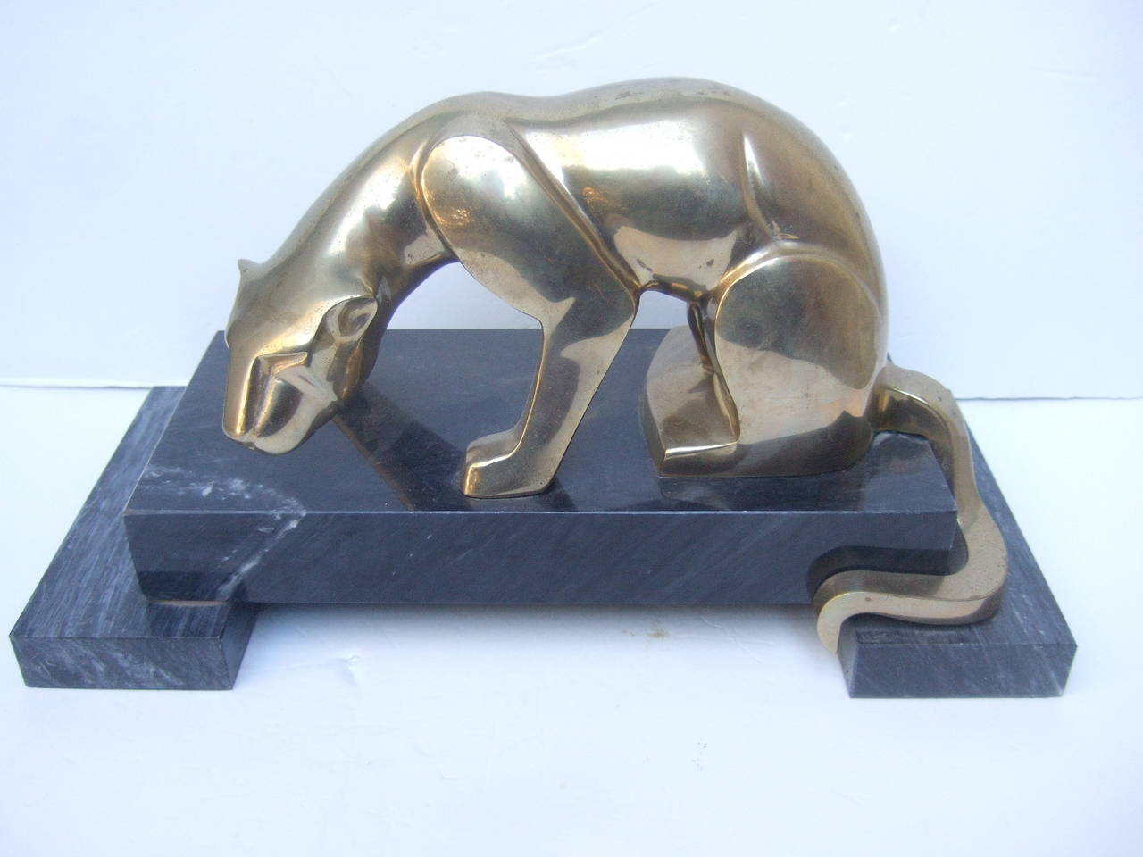 Gray Sleek Brass Metal Panther Figure on Marble Base c 1970s