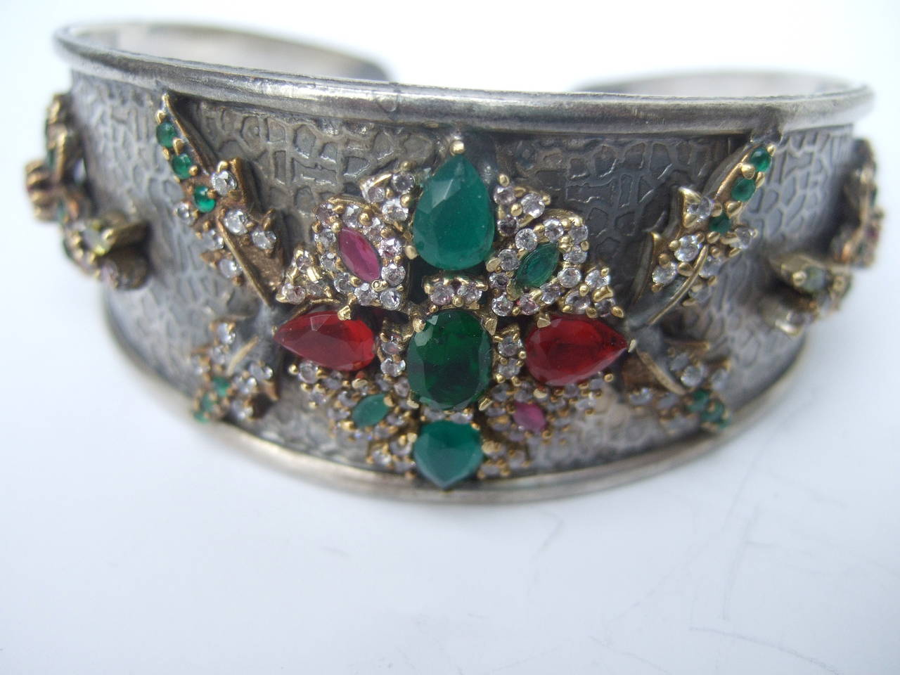 Opulent Jewel Encrusted Sterling Cuff Bracelet In Excellent Condition In University City, MO