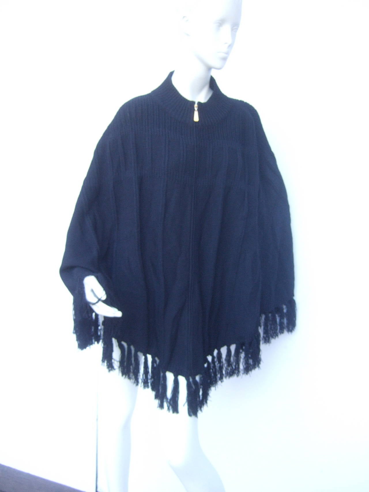 Women's St John Sport Black Fringe Knit Zippered Poncho c 1990s