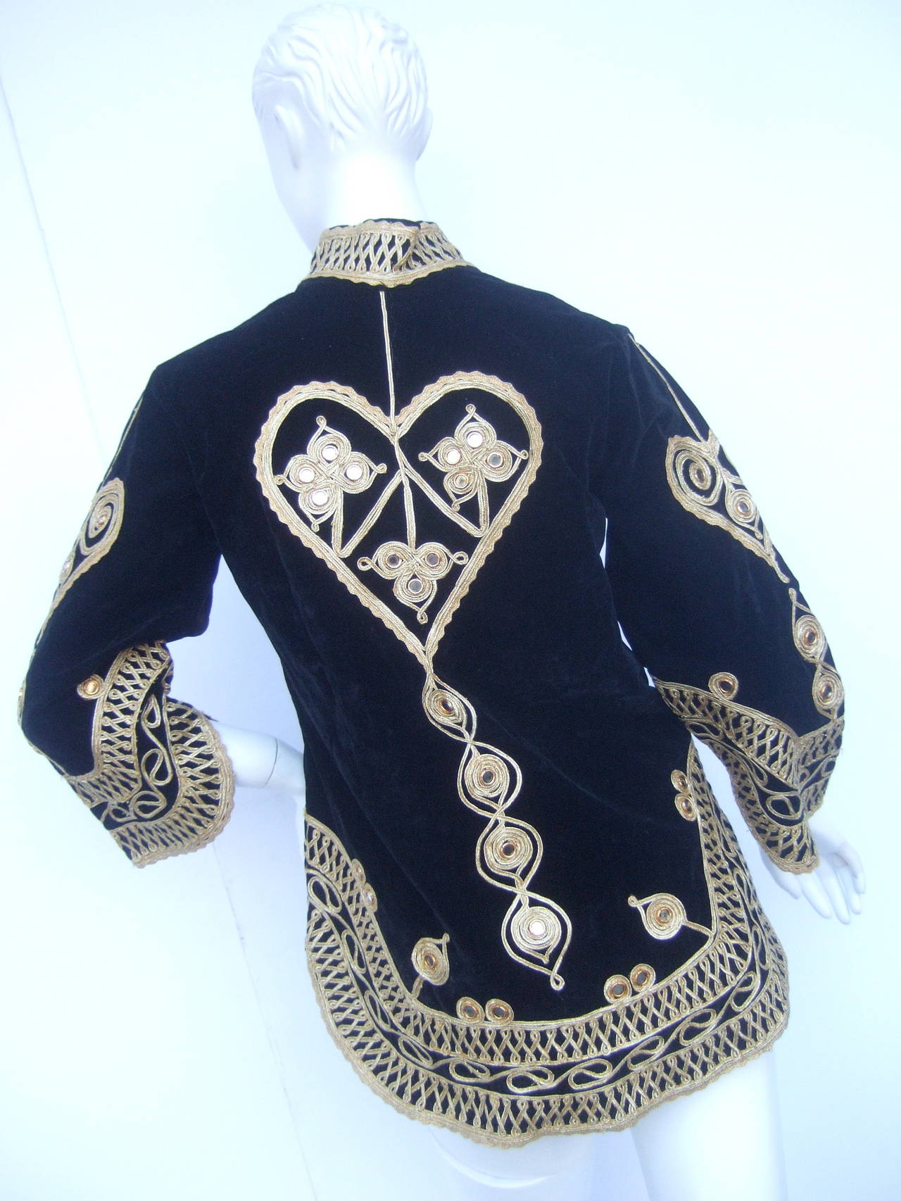 Exotic Black Velveteen Gold Metallic Applique Tunic c 1970s 1