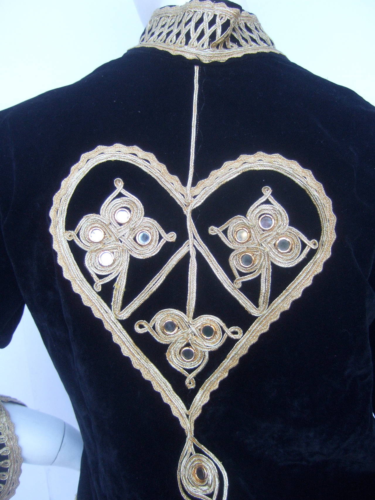 Exotic Black Velveteen Gold Metallic Applique Tunic c 1970s 2