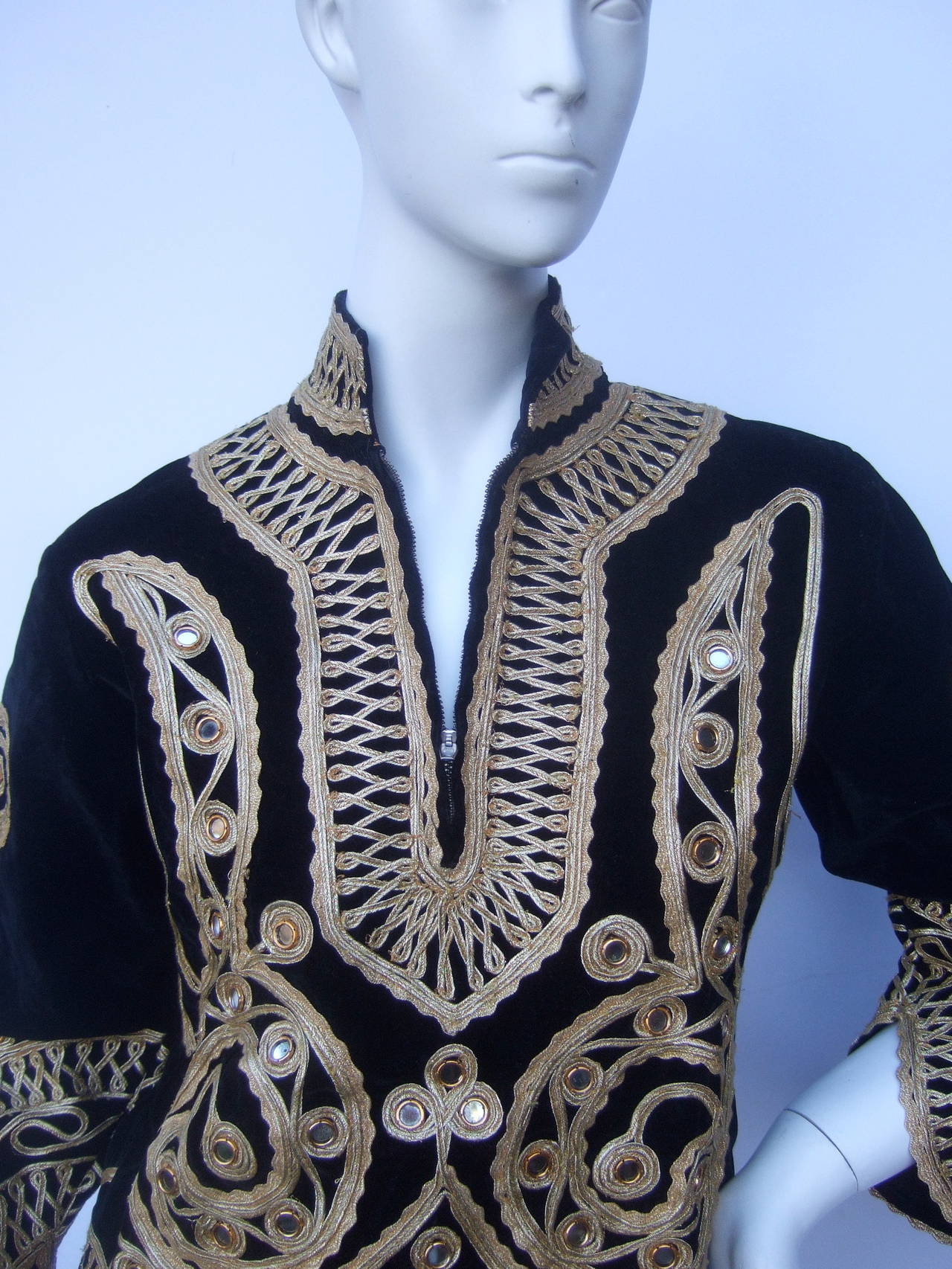 Women's Exotic Black Velveteen Gold Metallic Applique Tunic c 1970s