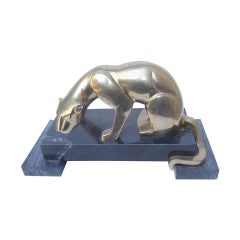 Sleek Brass Metal Panther Figure on Marble Base c 1970s