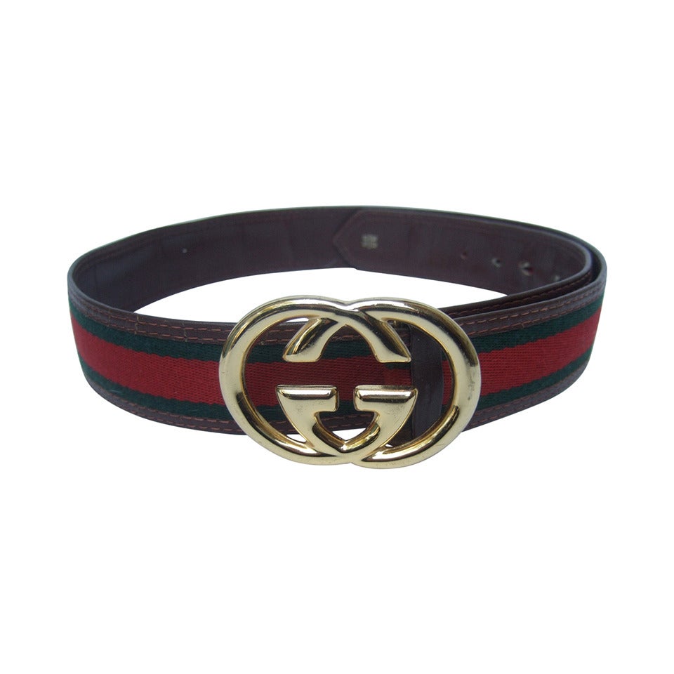 Gucci Sleek Gilt Buckle Red & Green Striped Belt c 1980s